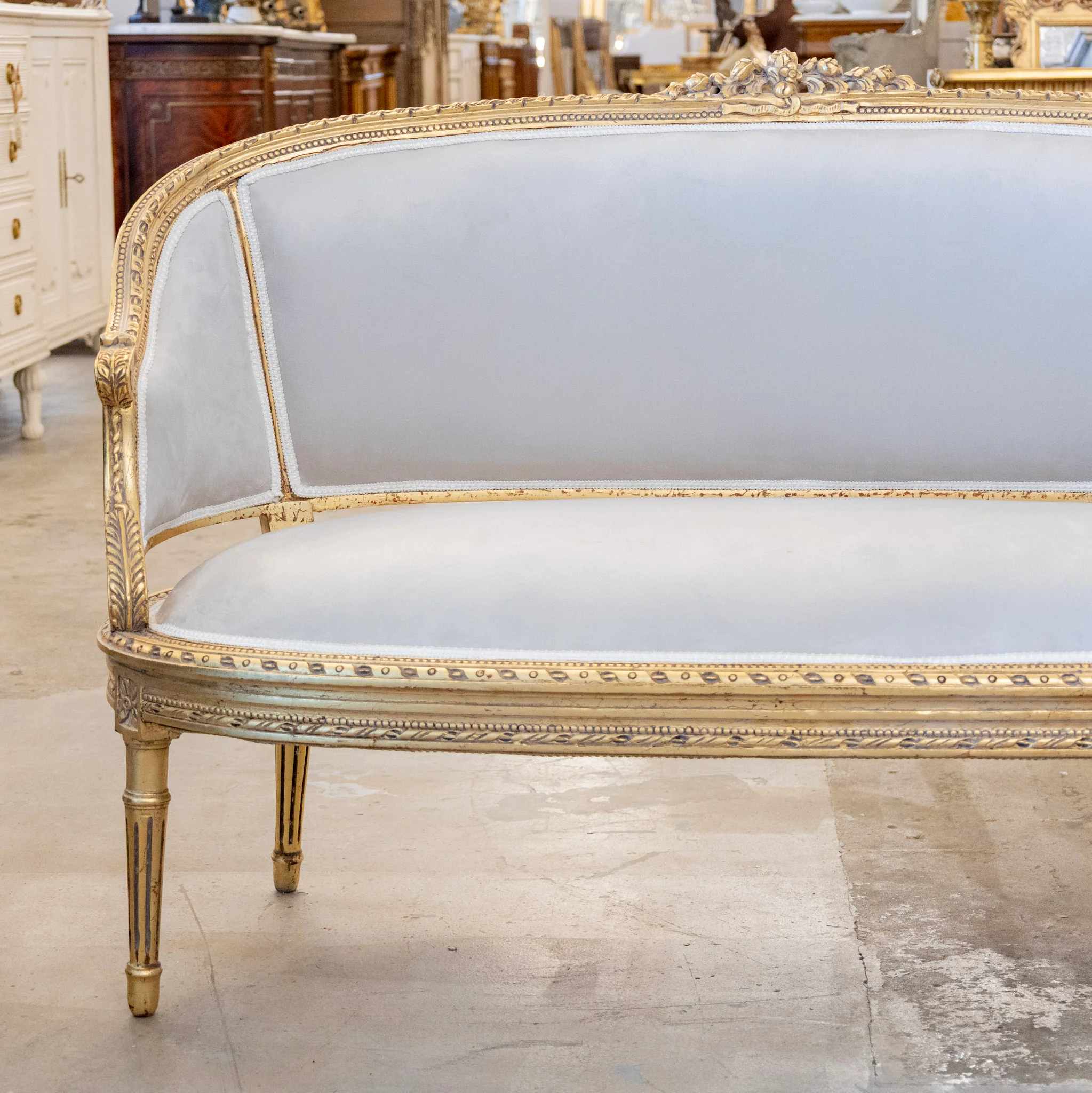 Louis XVI Gilded Settee – Light Gray Velvet Upholstery & Rope Trim - Image 3