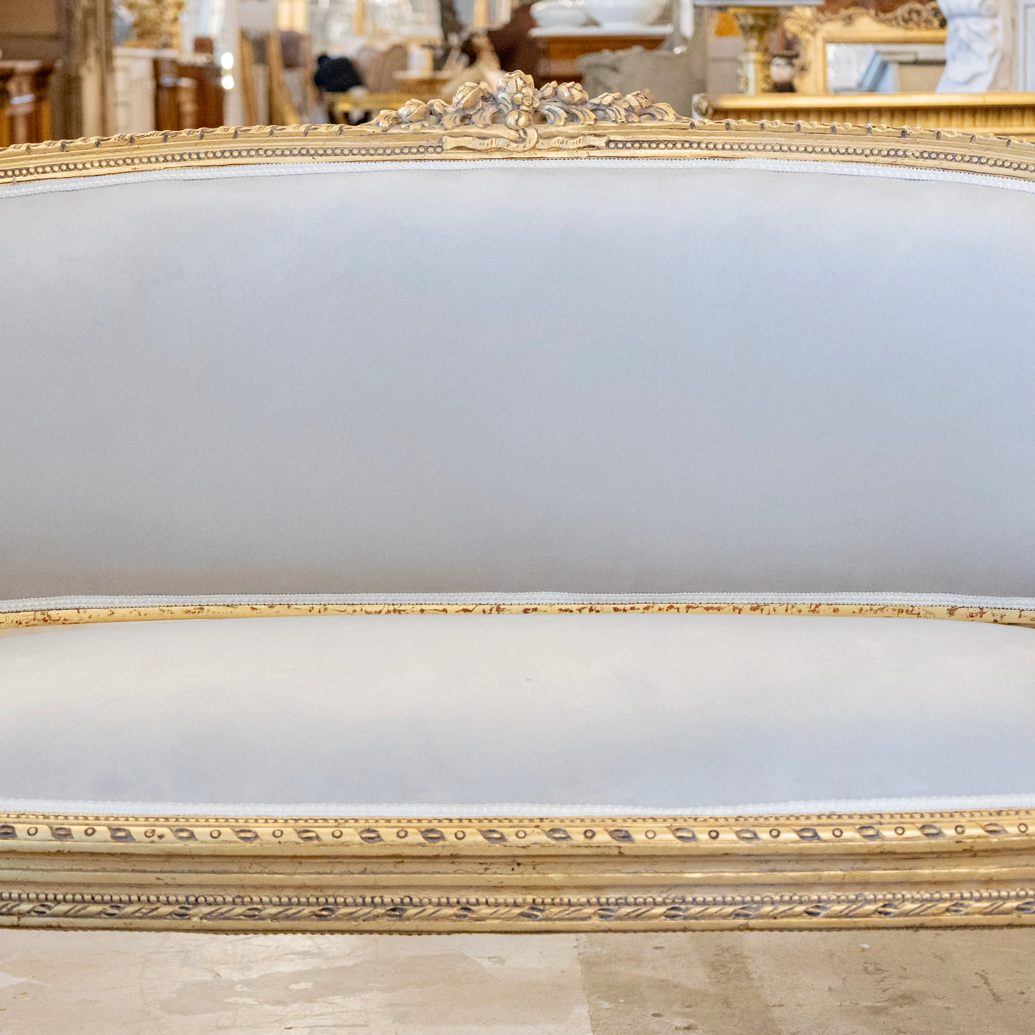Louis XVI Gilded Settee – Light Gray Velvet Upholstery & Rope Trim - Image 4