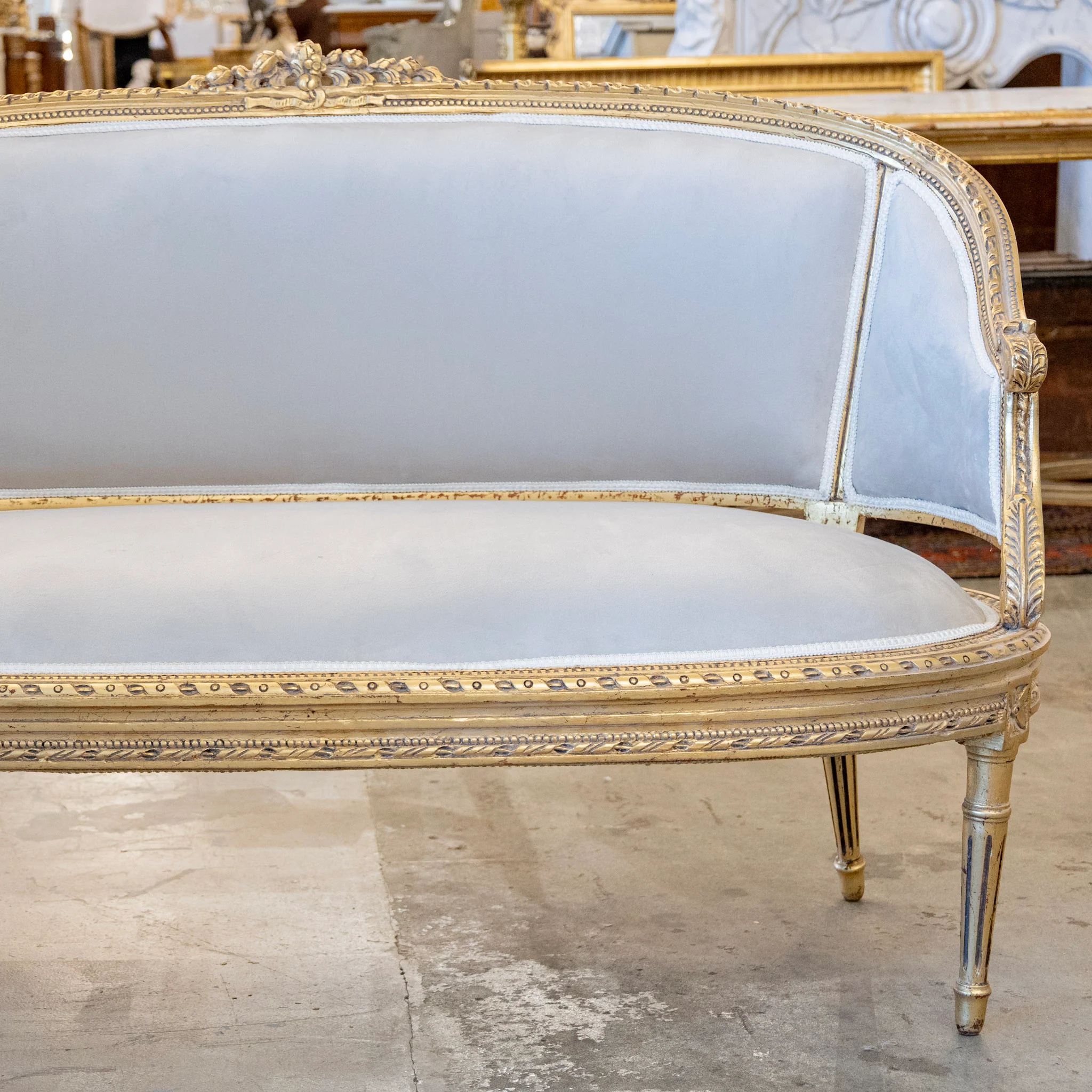 Louis XVI Gilded Settee – Light Gray Velvet Upholstery & Rope Trim - Image 5