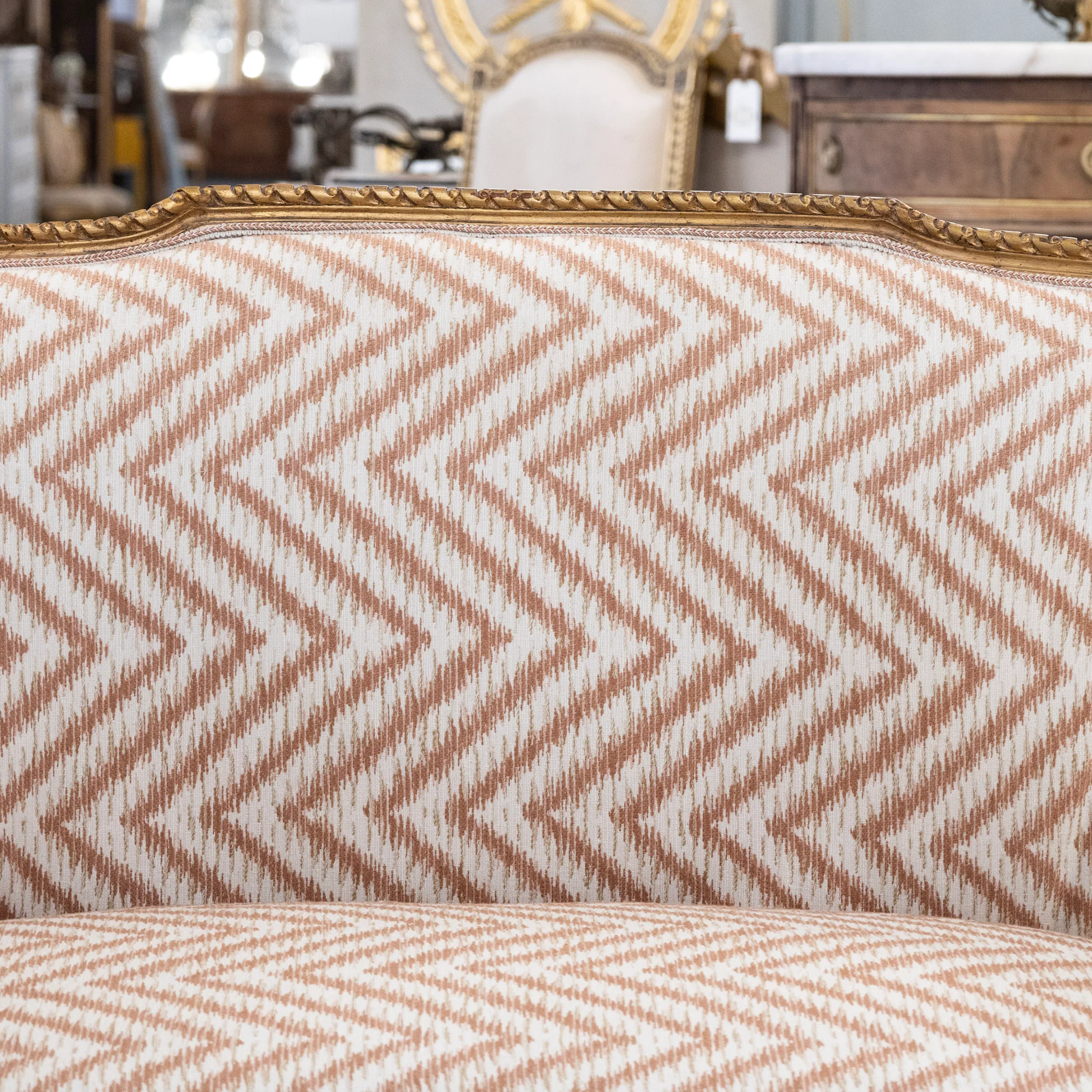 Louis XVI Gilded Settee – Pink Chevron Upholstery - Image 6