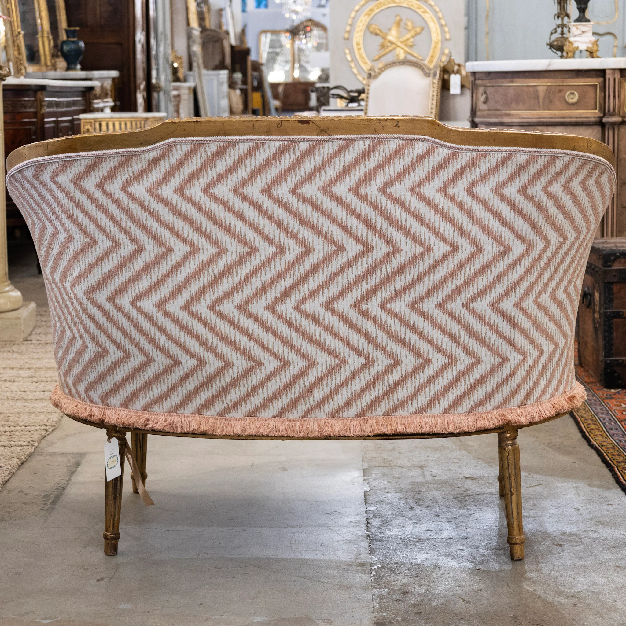 Louis XVI Gilded Settee – Pink Chevron Upholstery - Image 9