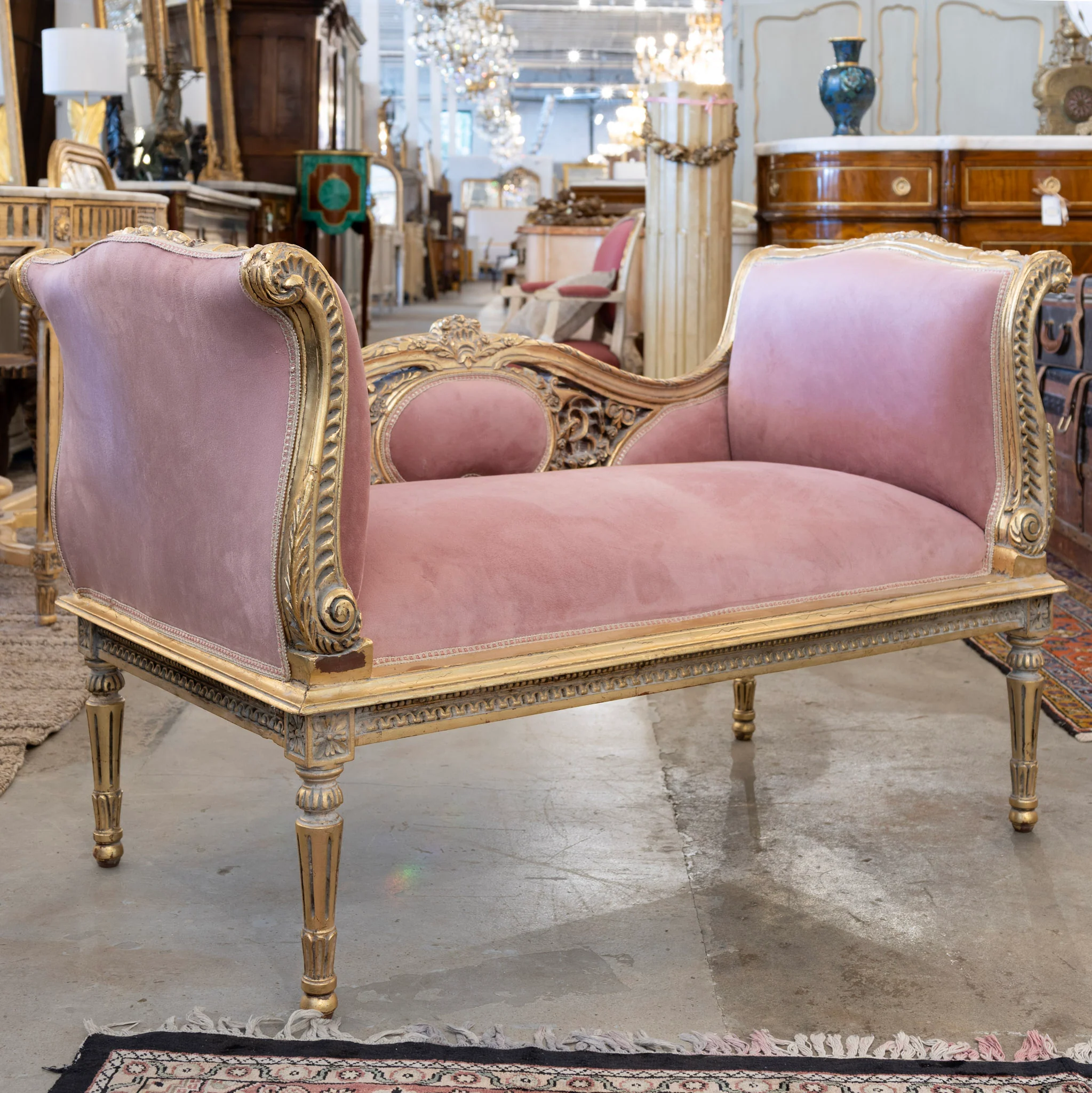 Louis XVI Gilded Settee – Pink Velvet Upholstery & Carved Detail - Image 5