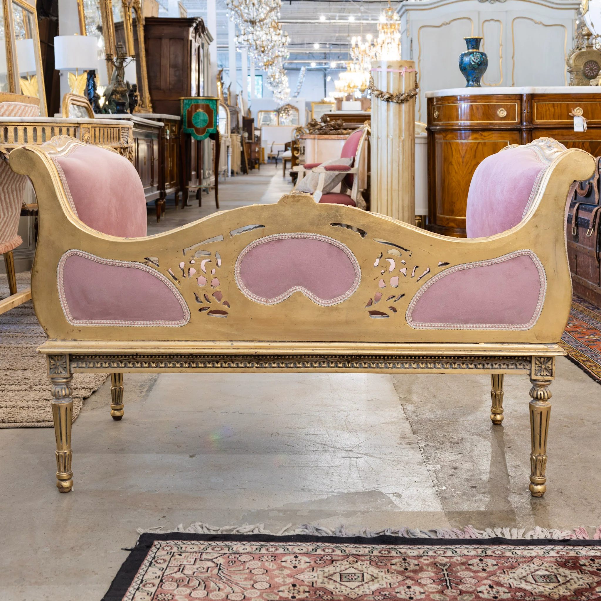 Louis XVI Gilded Settee – Pink Velvet Upholstery & Carved Detail - Image 6
