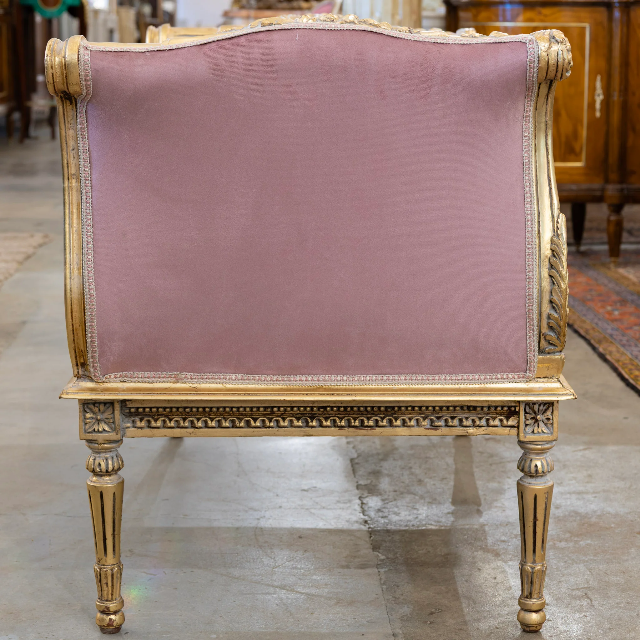 Louis XVI Gilded Settee – Pink Velvet Upholstery & Carved Detail - Image 8