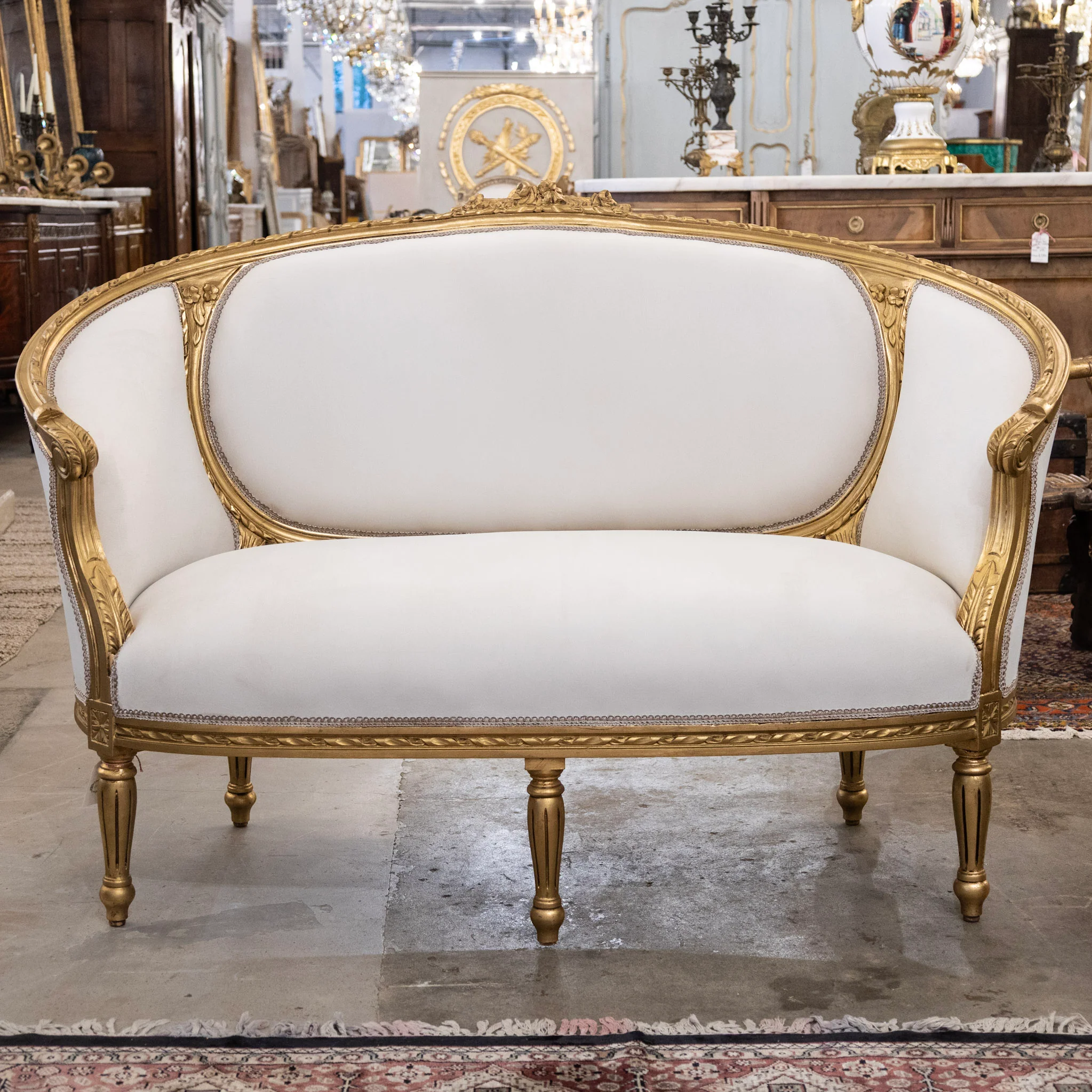 Louis XVI Gilded Settee – White Velvet Upholstery