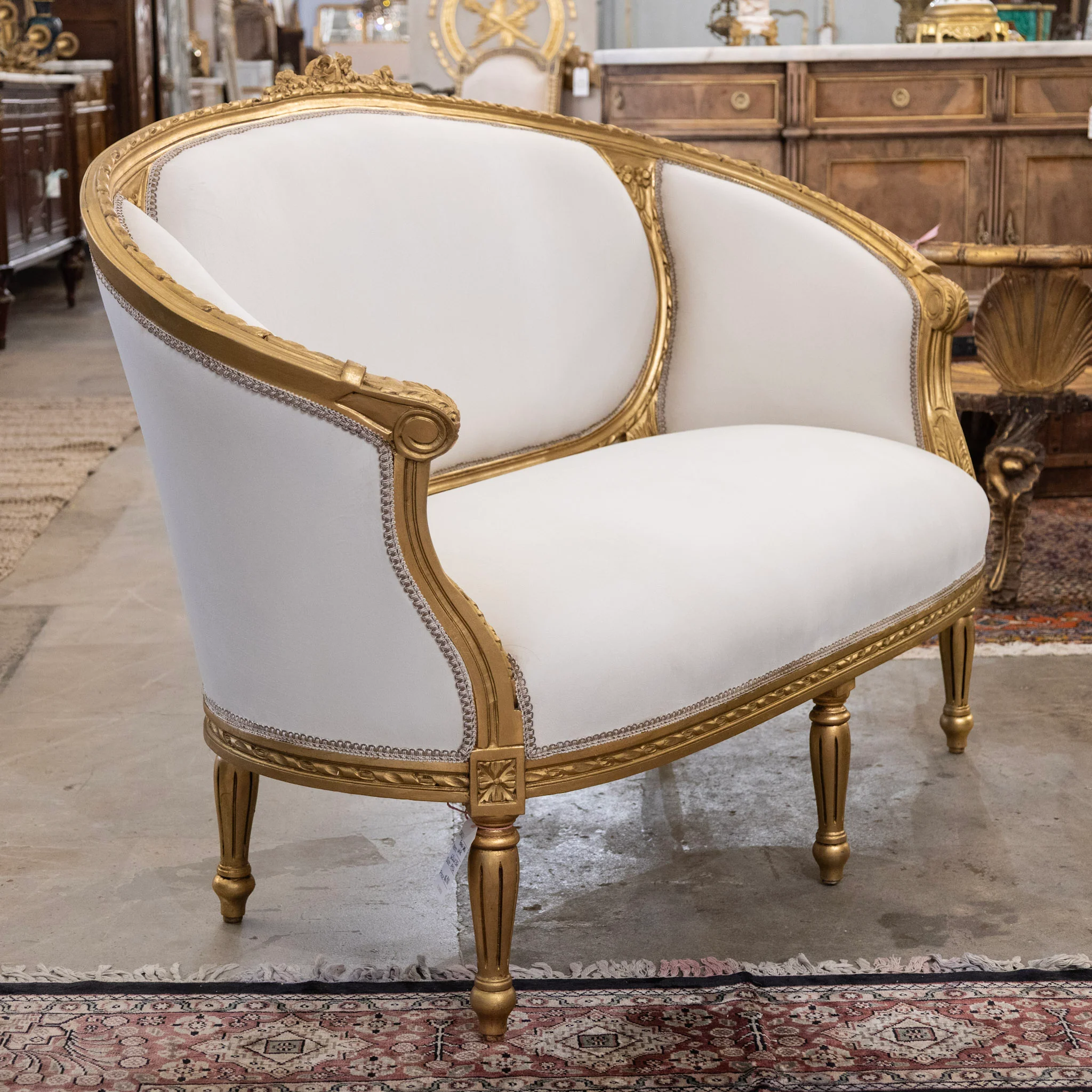 Louis XVI Gilded Settee – White Velvet Upholstery - Image 2