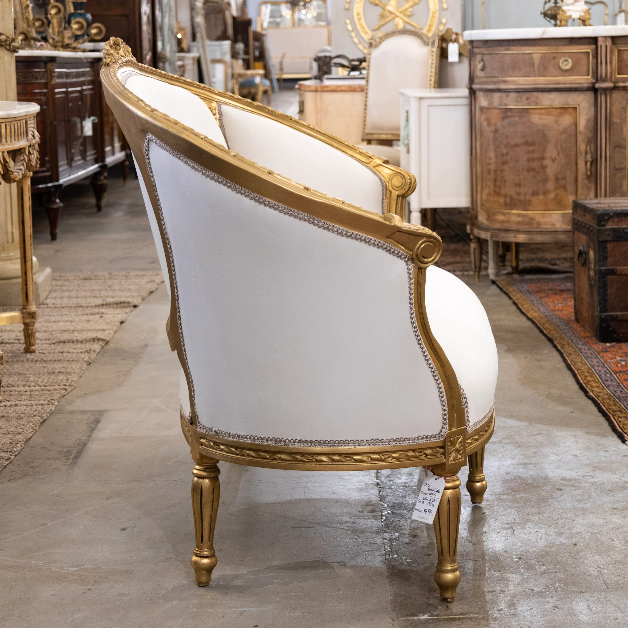 Louis XVI Gilded Settee – White Velvet Upholstery - Image 8