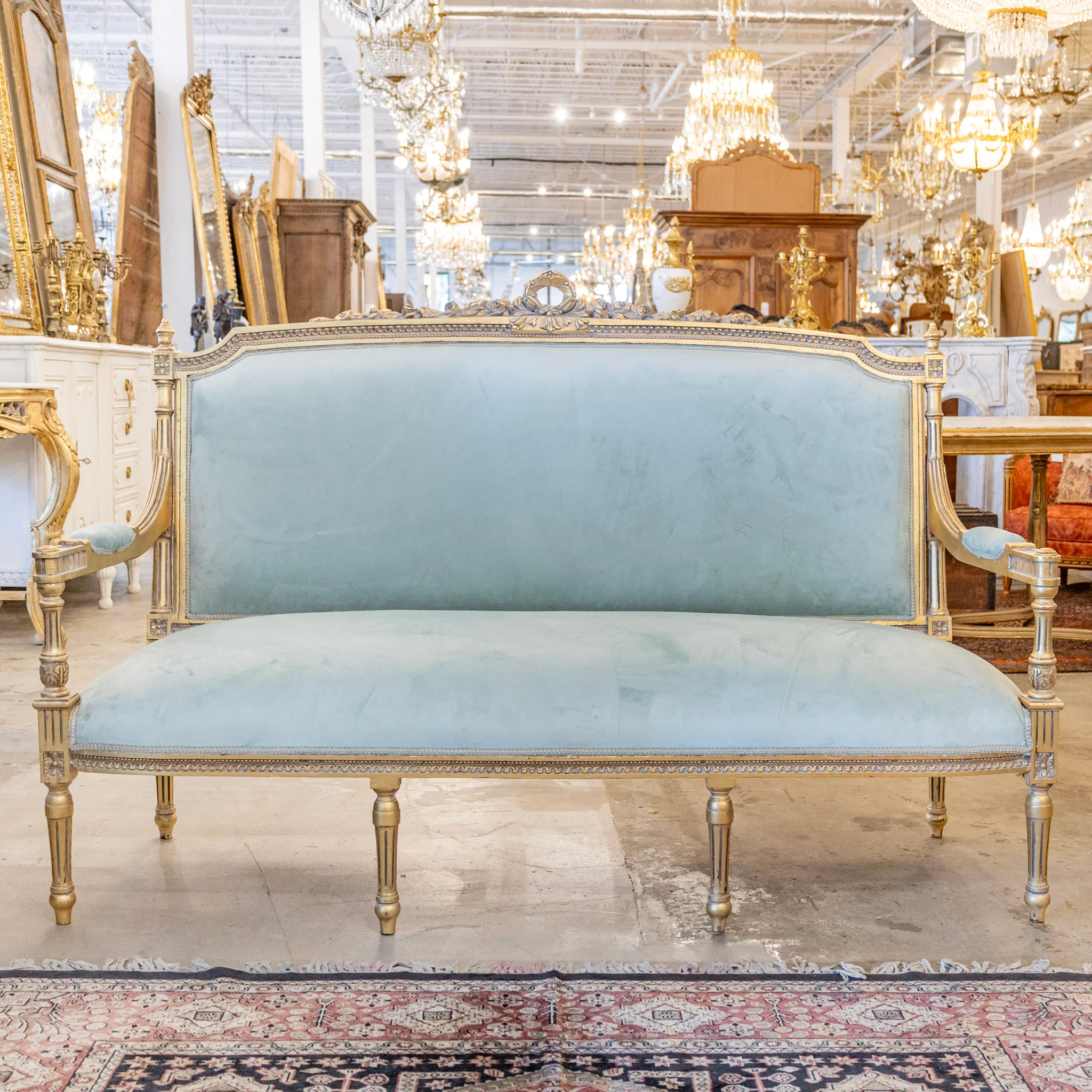Louis XVI Gilded Sofa – Blue Velvet Upholstery