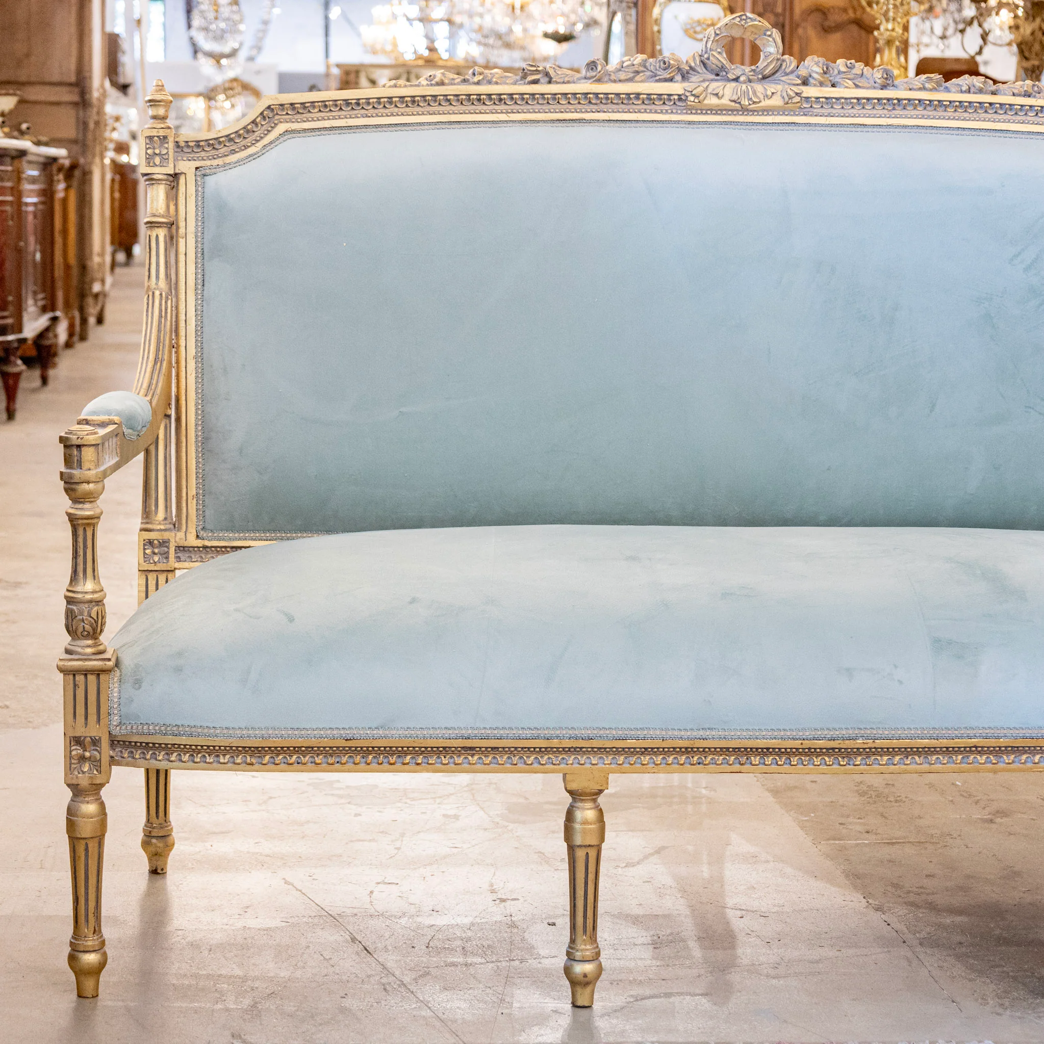 Louis XVI Gilded Sofa – Blue Velvet Upholstery - Image 2