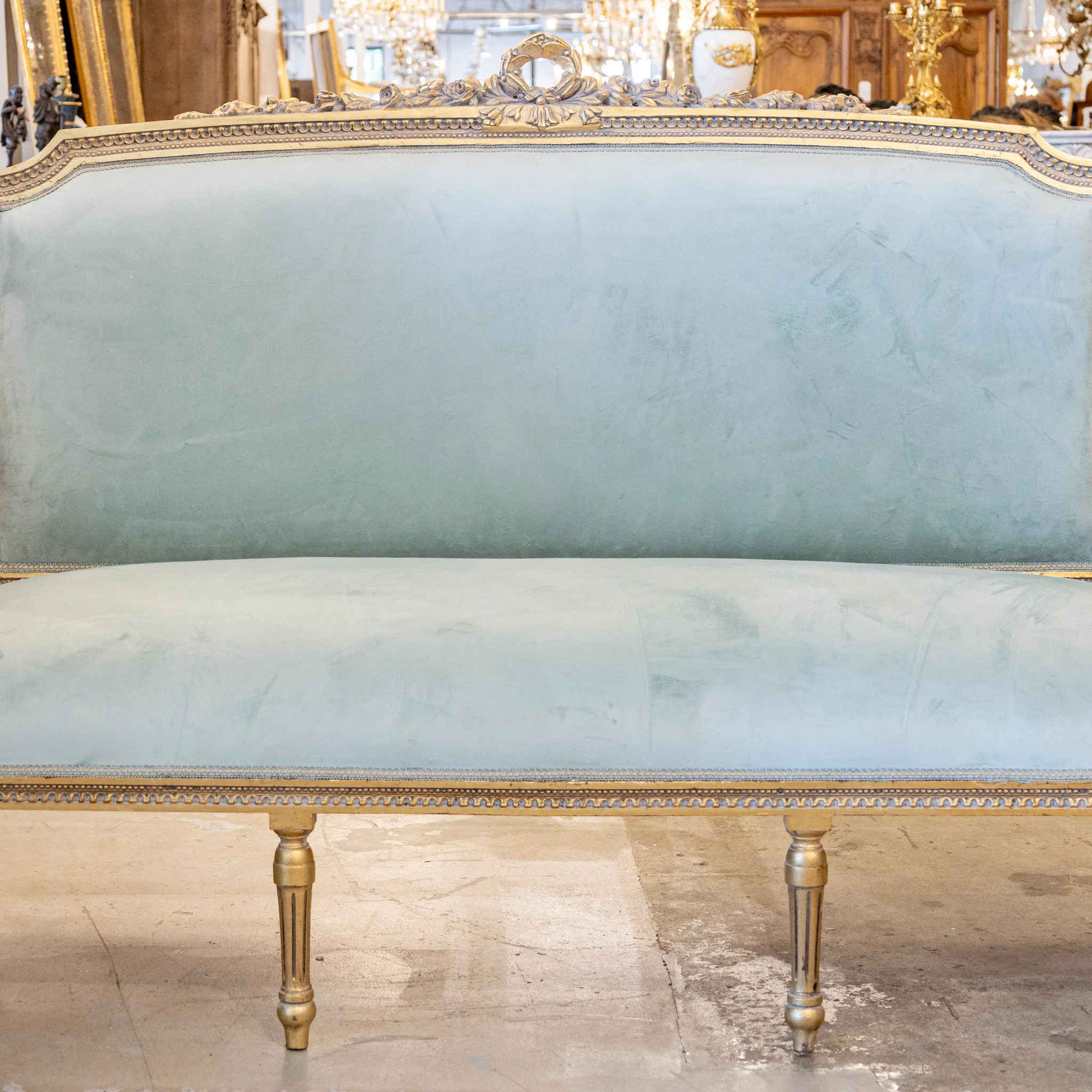Louis XVI Gilded Sofa – Blue Velvet Upholstery - Image 3