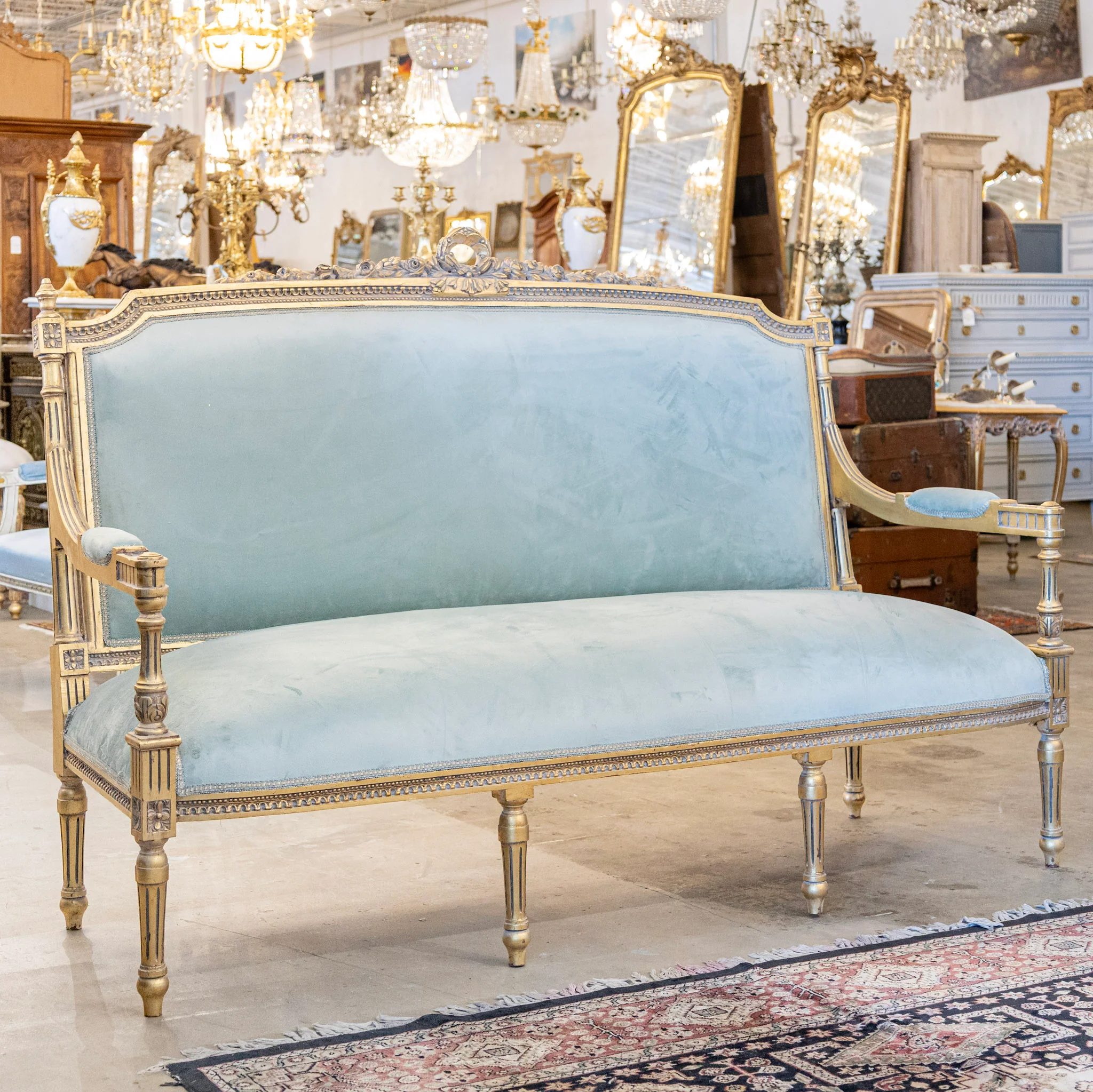 Louis XVI Gilded Sofa – Blue Velvet Upholstery - Image 4