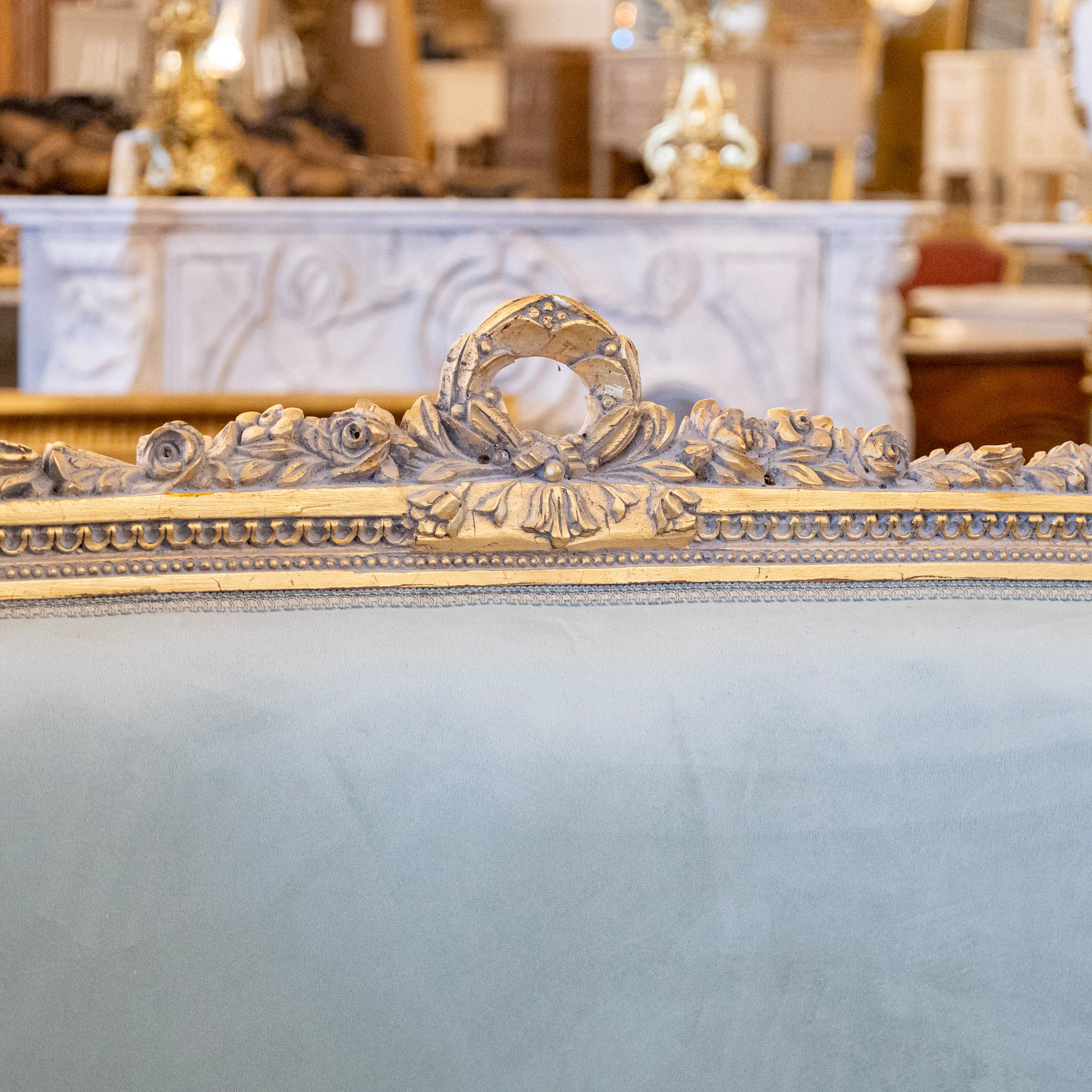 Louis XVI Gilded Sofa – Blue Velvet Upholstery - Image 5