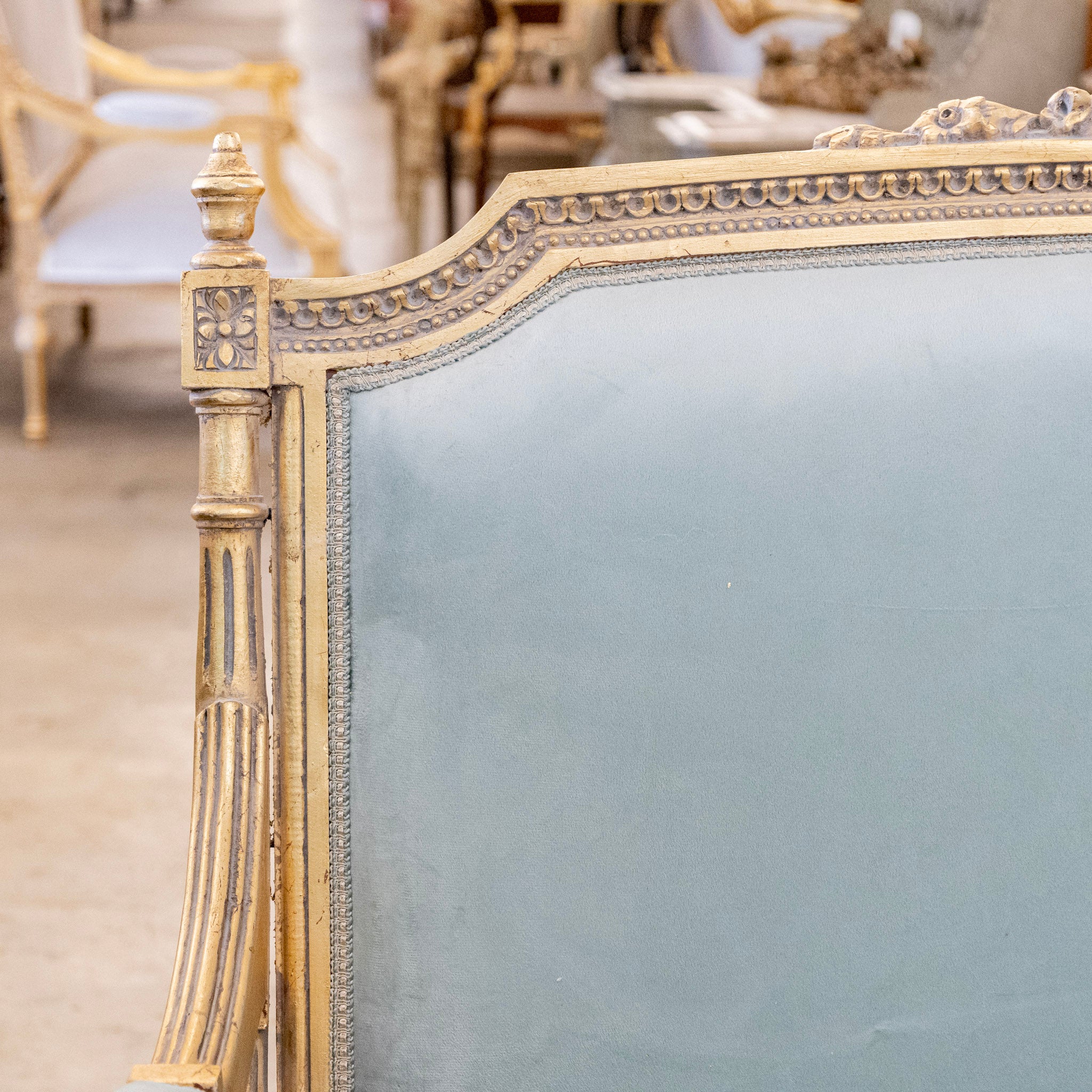 Louis XVI Gilded Sofa – Blue Velvet Upholstery - Image 6