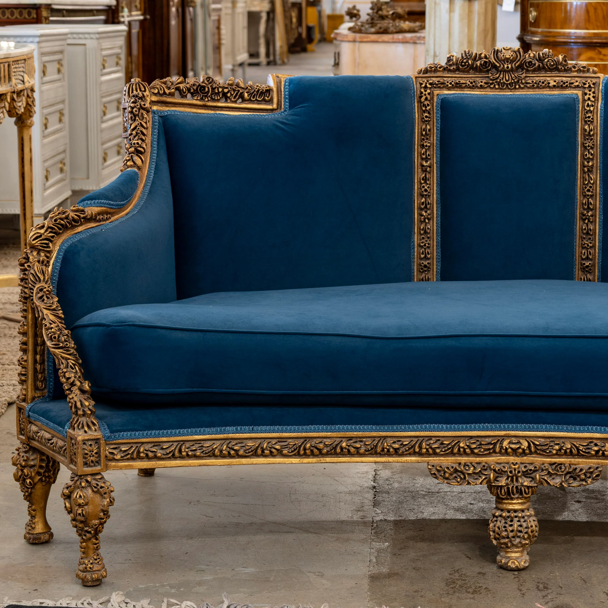 Louis XVI Gilded Sofa – Carved Detailing & Dark Blue Velvet Upholstery - Image 2