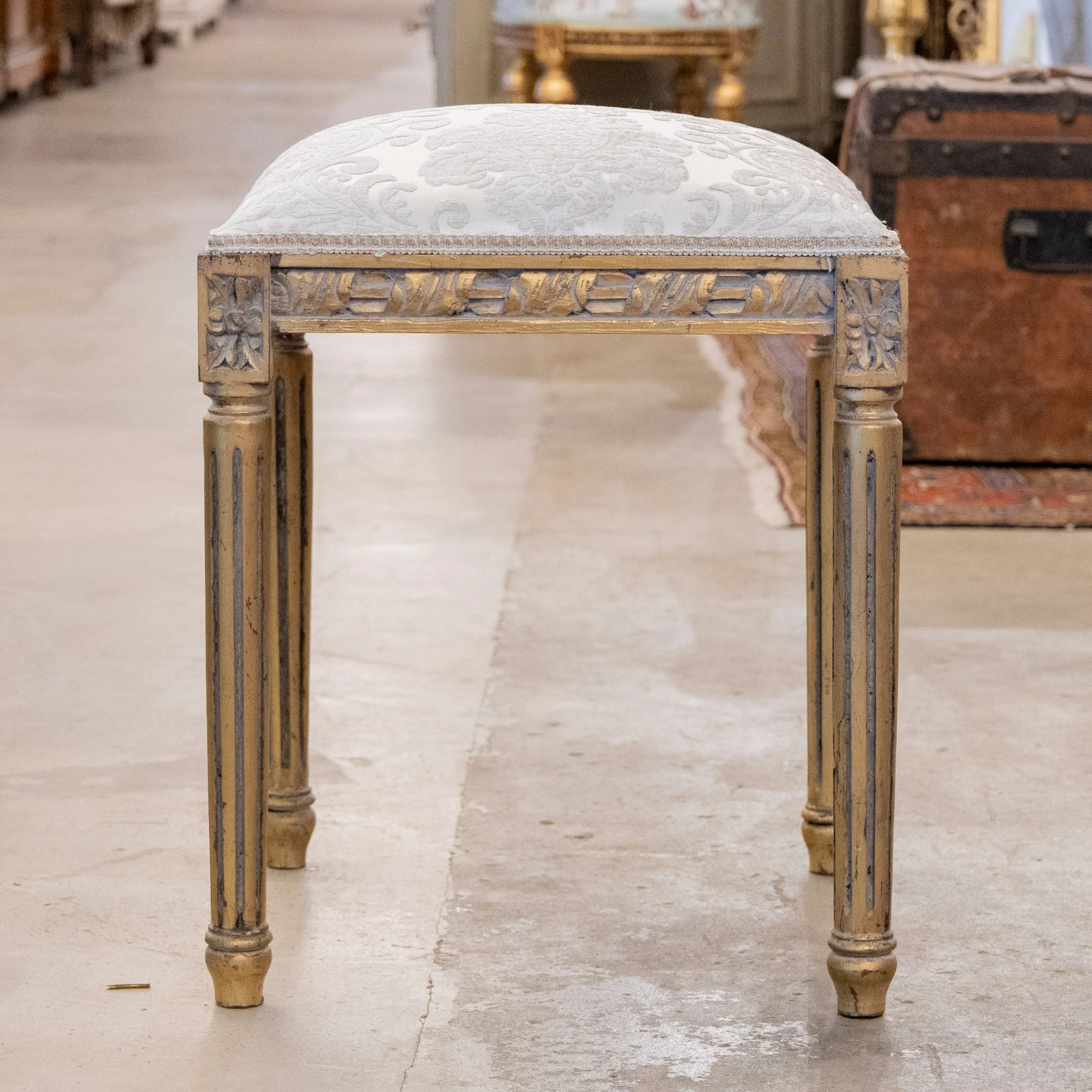 Louis XVI Gilded Square Stool – Gray Damask Upholstery