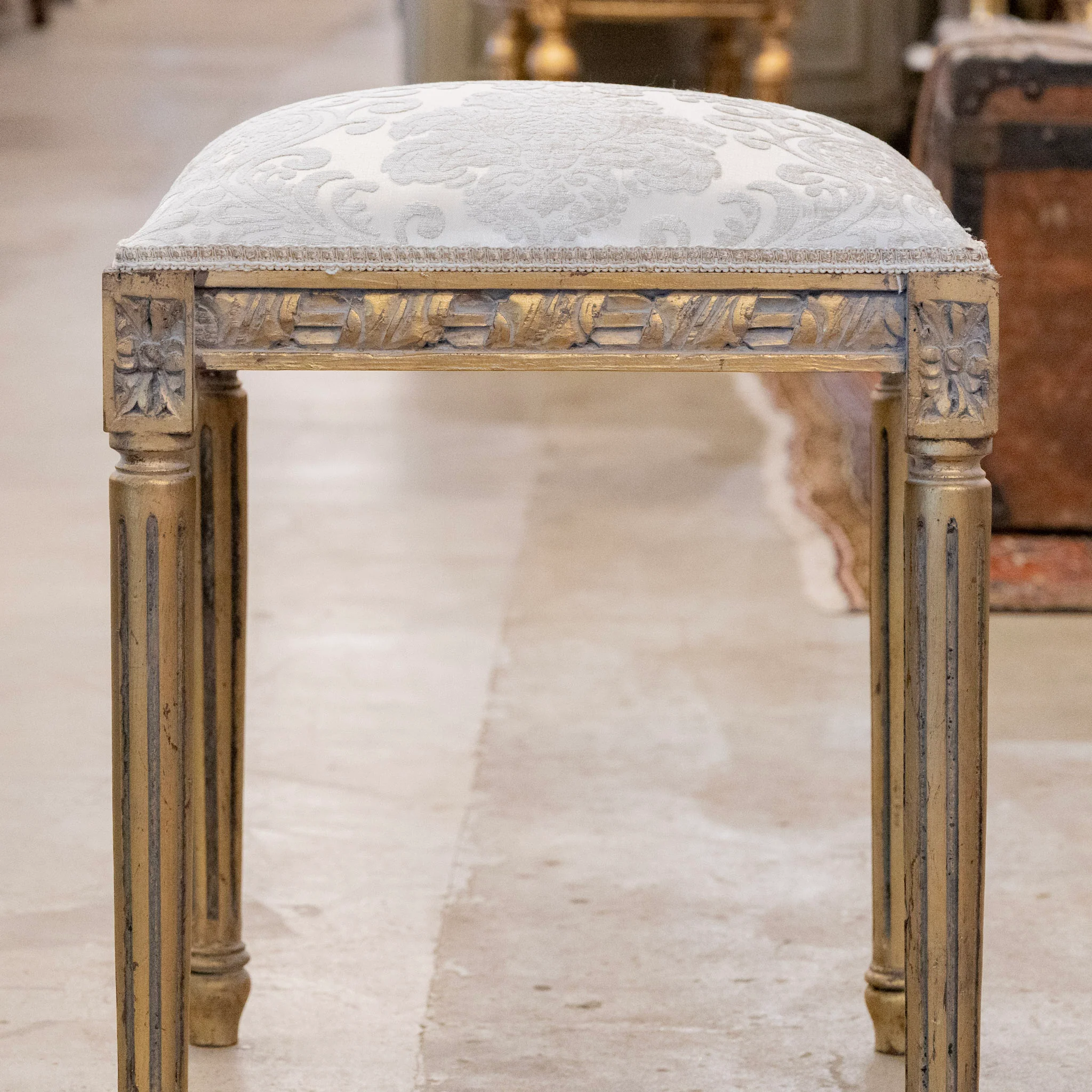 Louis XVI Gilded Square Stool – Gray Damask Upholstery - Image 2