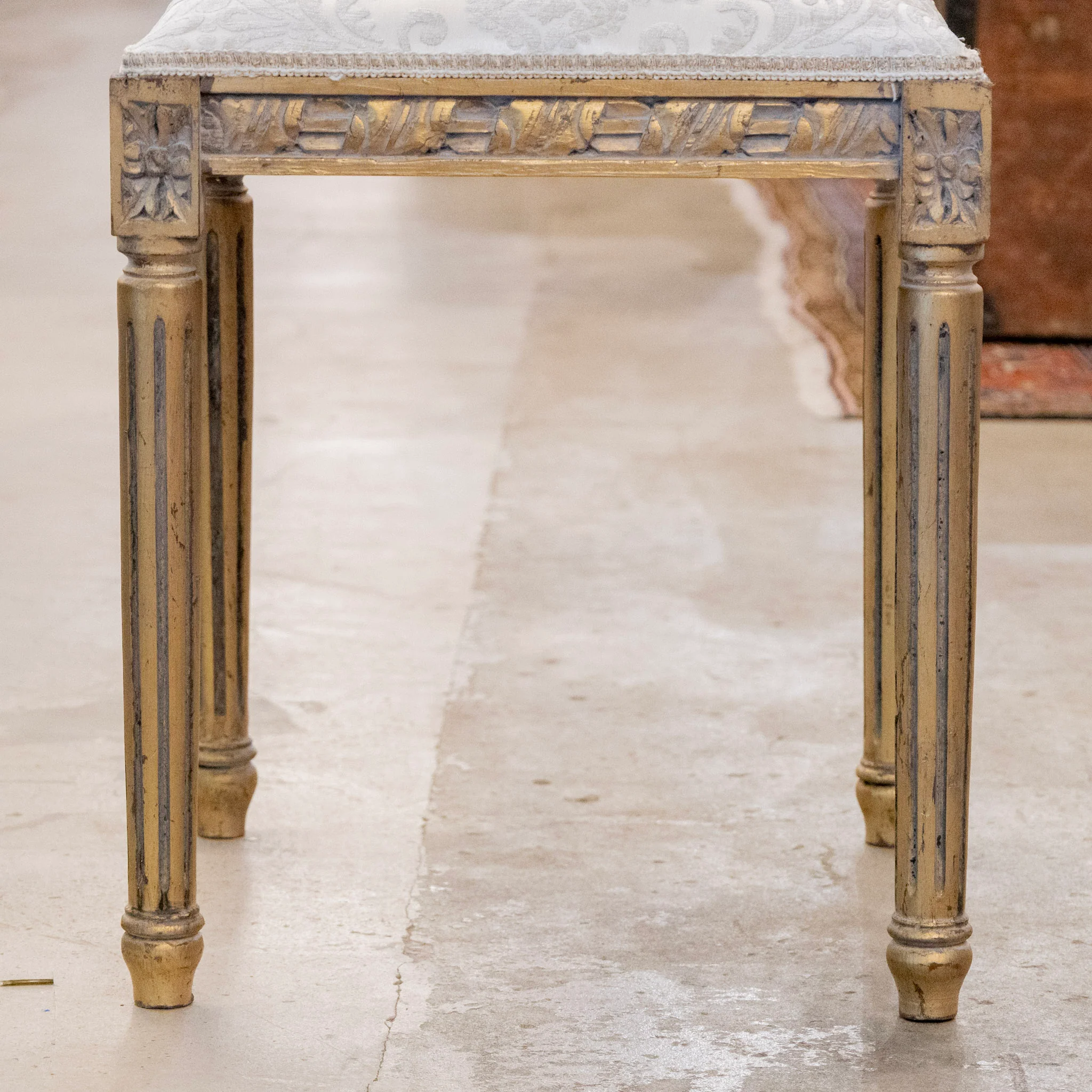 Louis XVI Gilded Square Stool – Gray Damask Upholstery - Image 3
