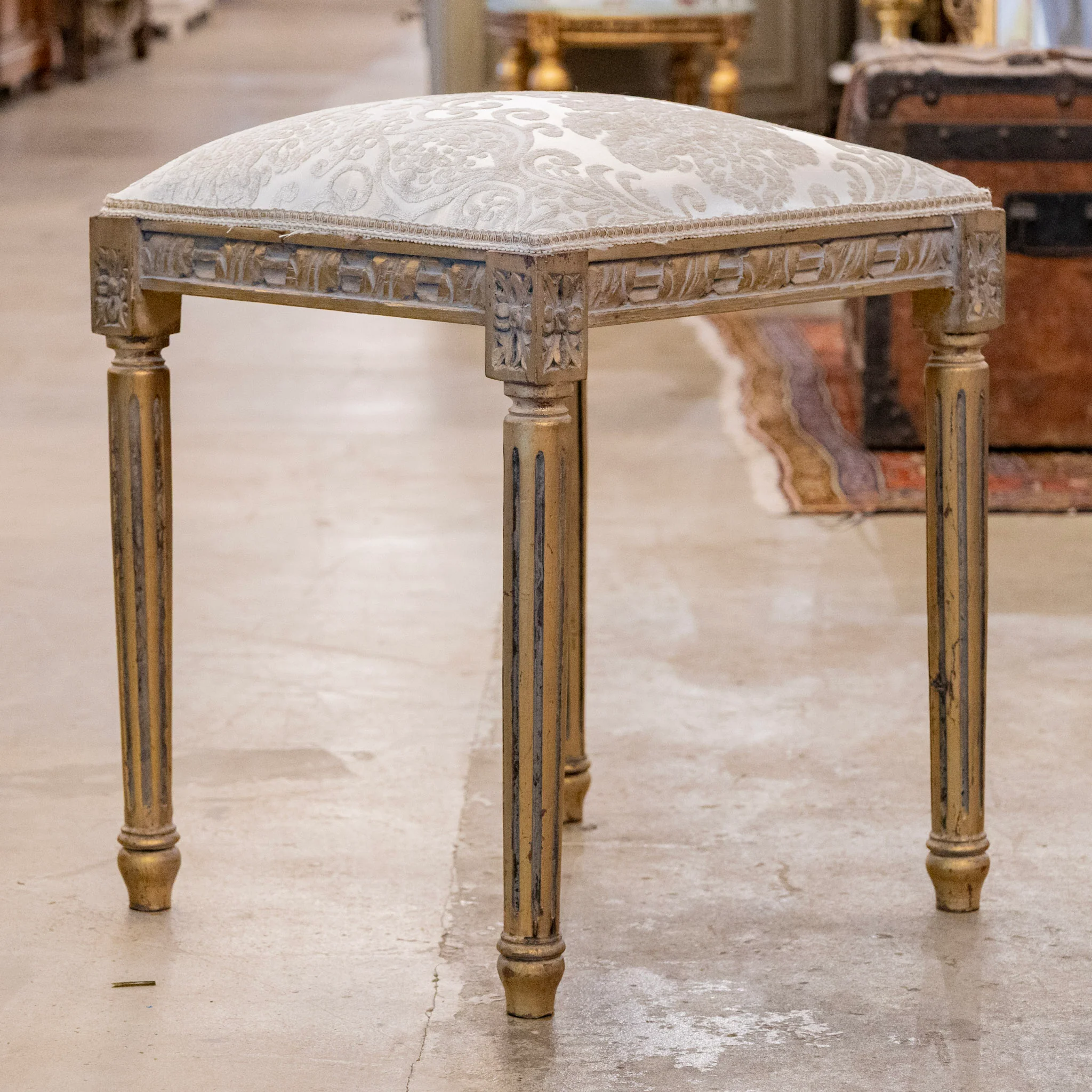 Louis XVI Gilded Square Stool – Gray Damask Upholstery - Image 4