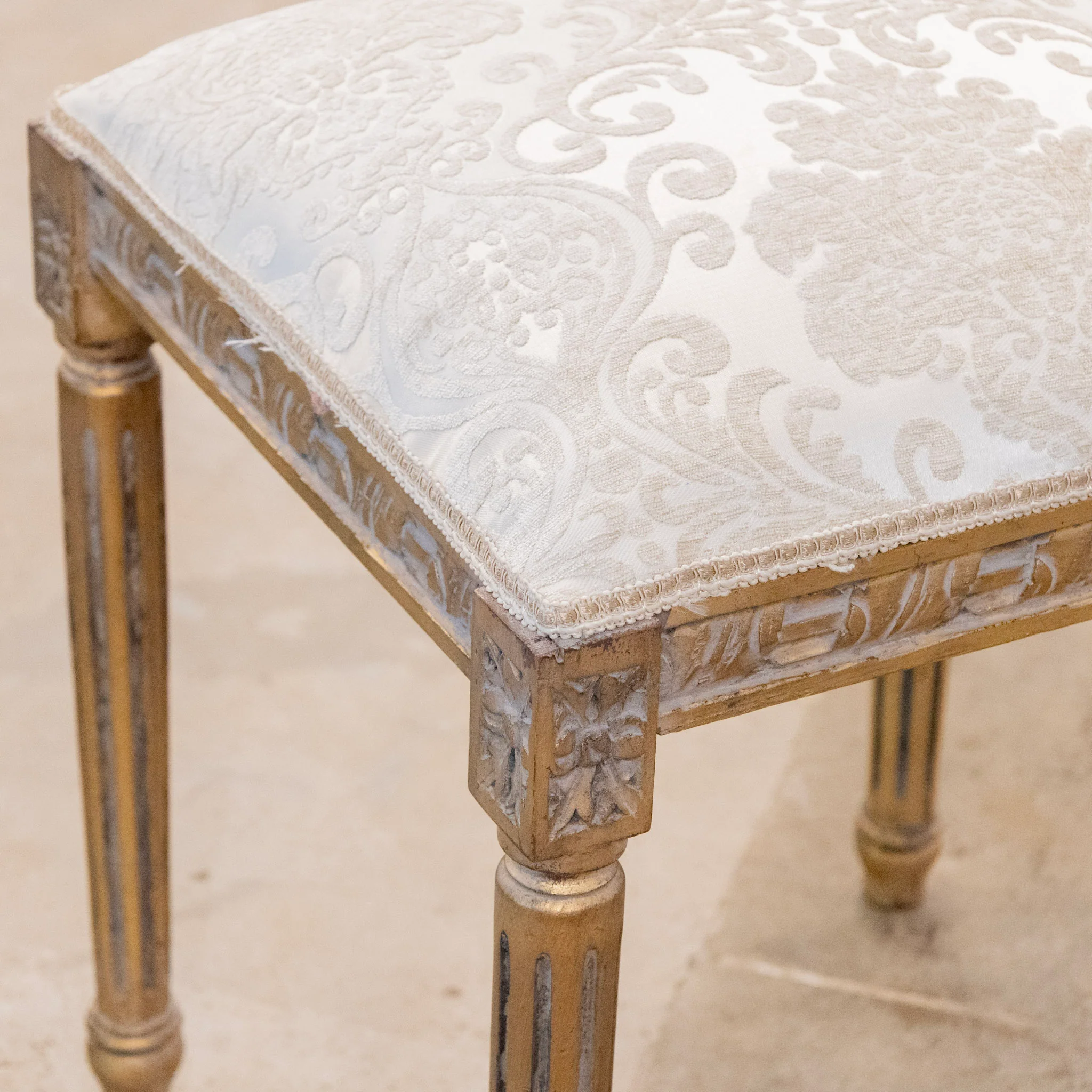 Louis XVI Gilded Square Stool – Gray Damask Upholstery - Image 5