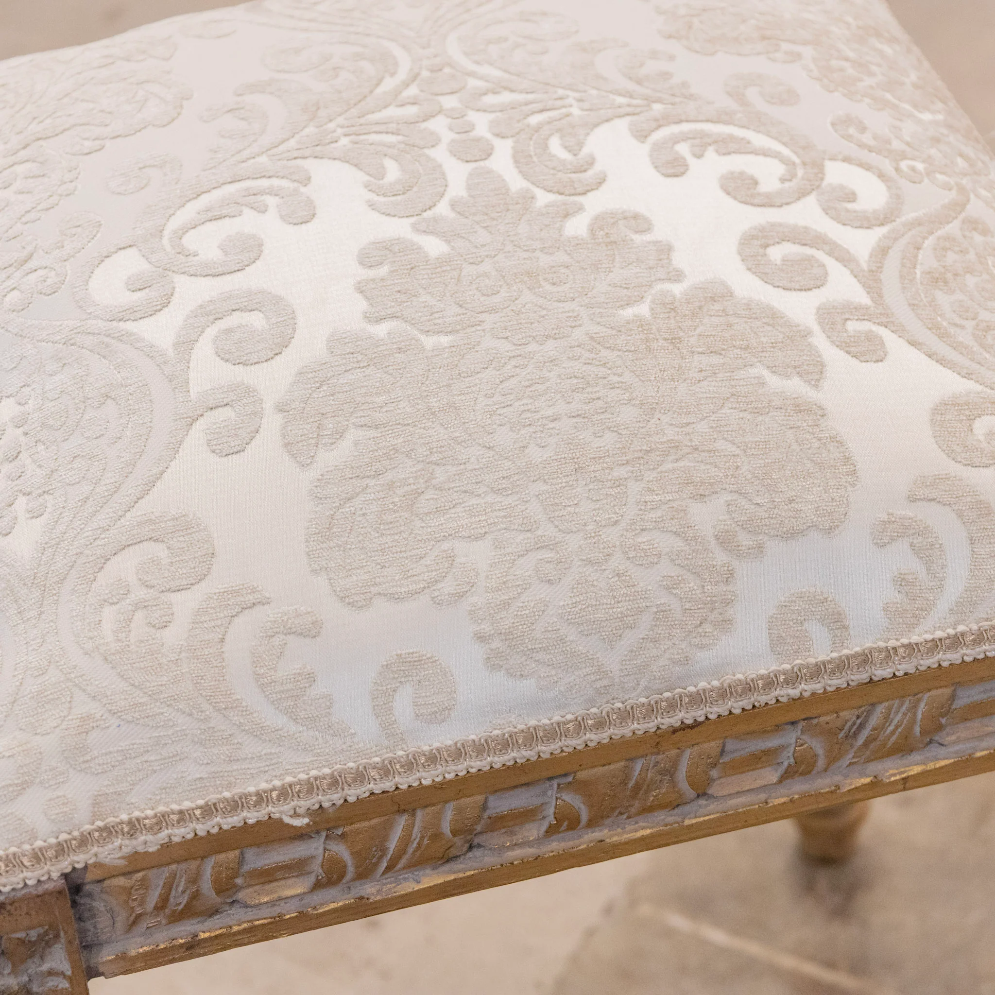 Louis XVI Gilded Square Stool – Gray Damask Upholstery - Image 6