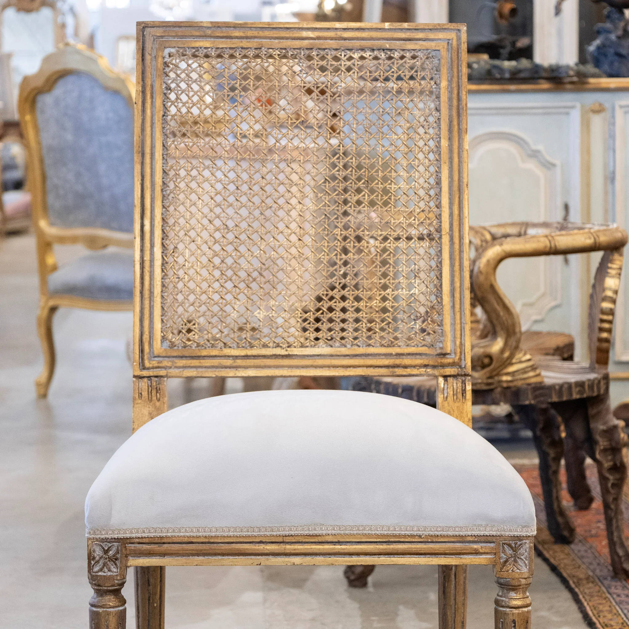 Louis XVI Gilded Square Cane Open Back Dining Chair - Image 3