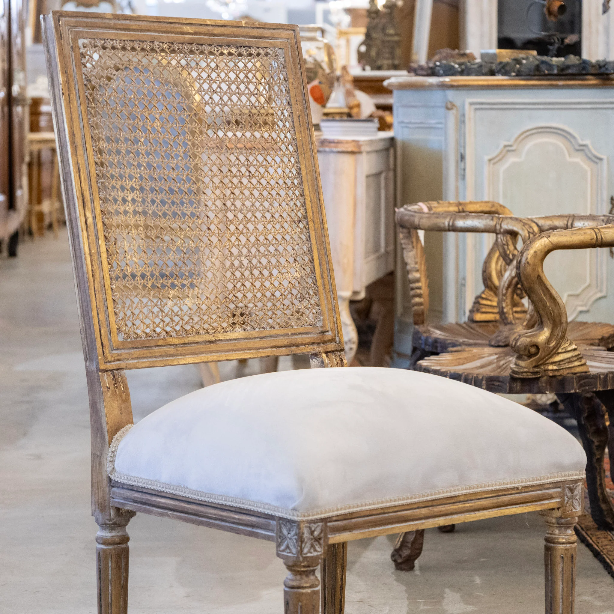 Louis XVI Gilded Square Cane Open Back Dining Chair - Image 4