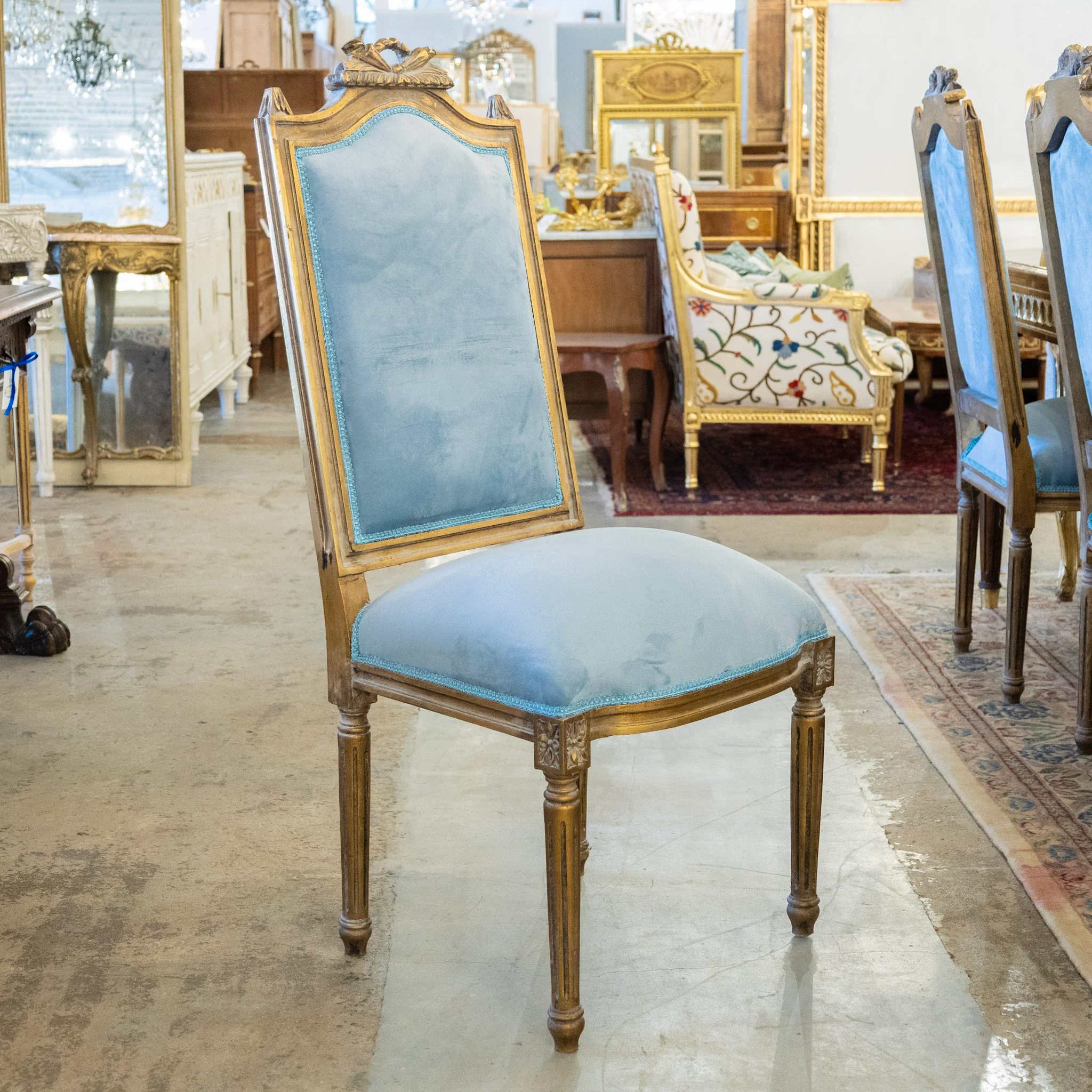 Louis XVI Gilded Square Dining Chair –  Carved Crest & Blue Velvet Upholstery - Image 2