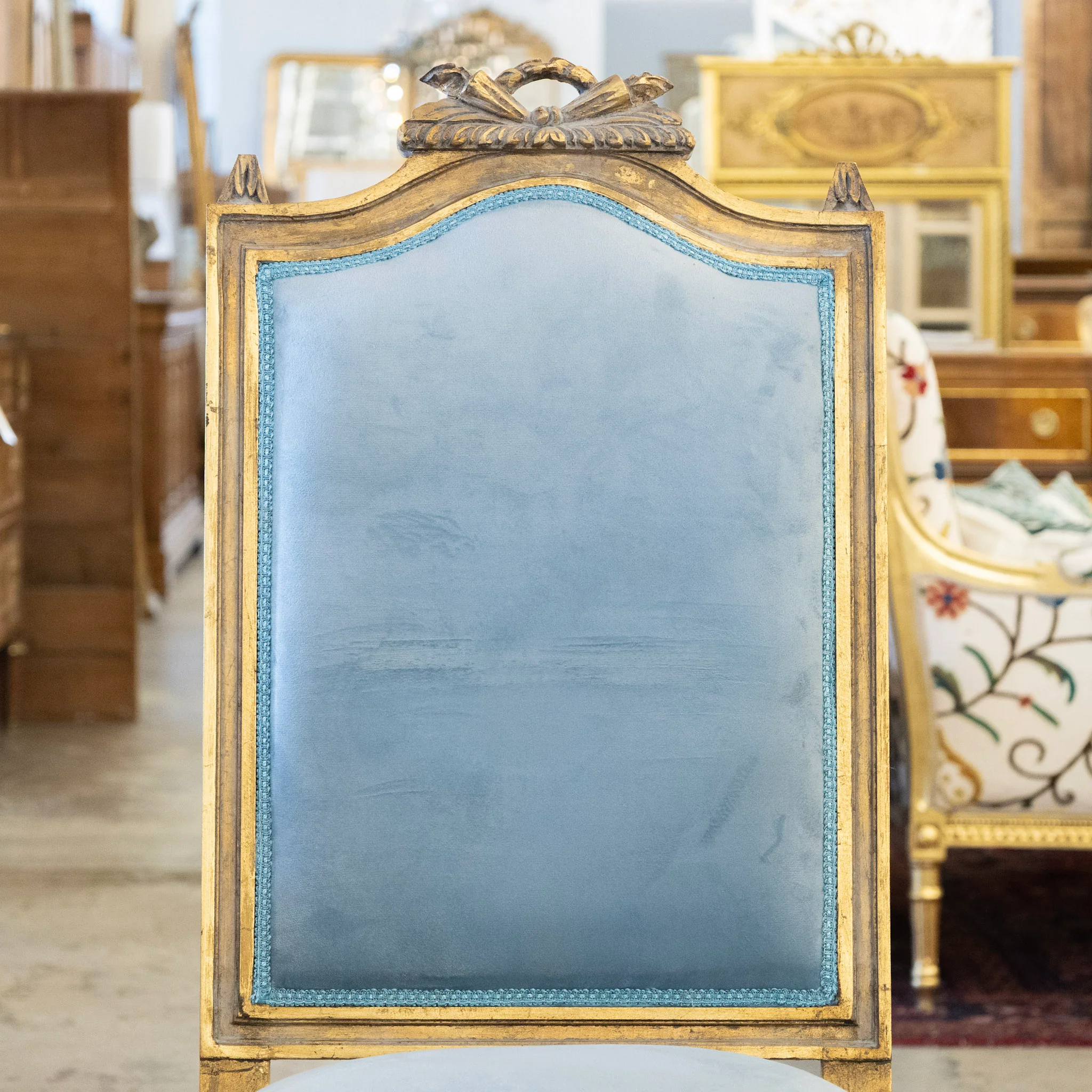 Louis XVI Gilded Square Dining Chair –  Carved Crest & Blue Velvet Upholstery - Image 4