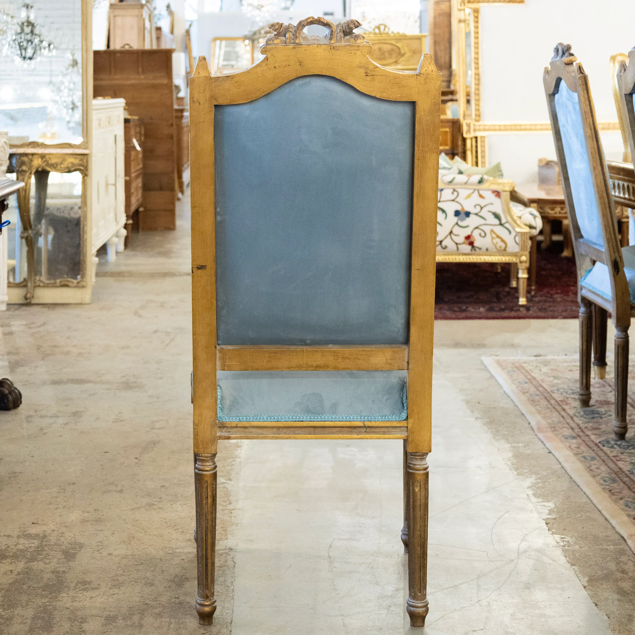 Louis XVI Gilded Square Dining Chair –  Carved Crest & Blue Velvet Upholstery - Image 6