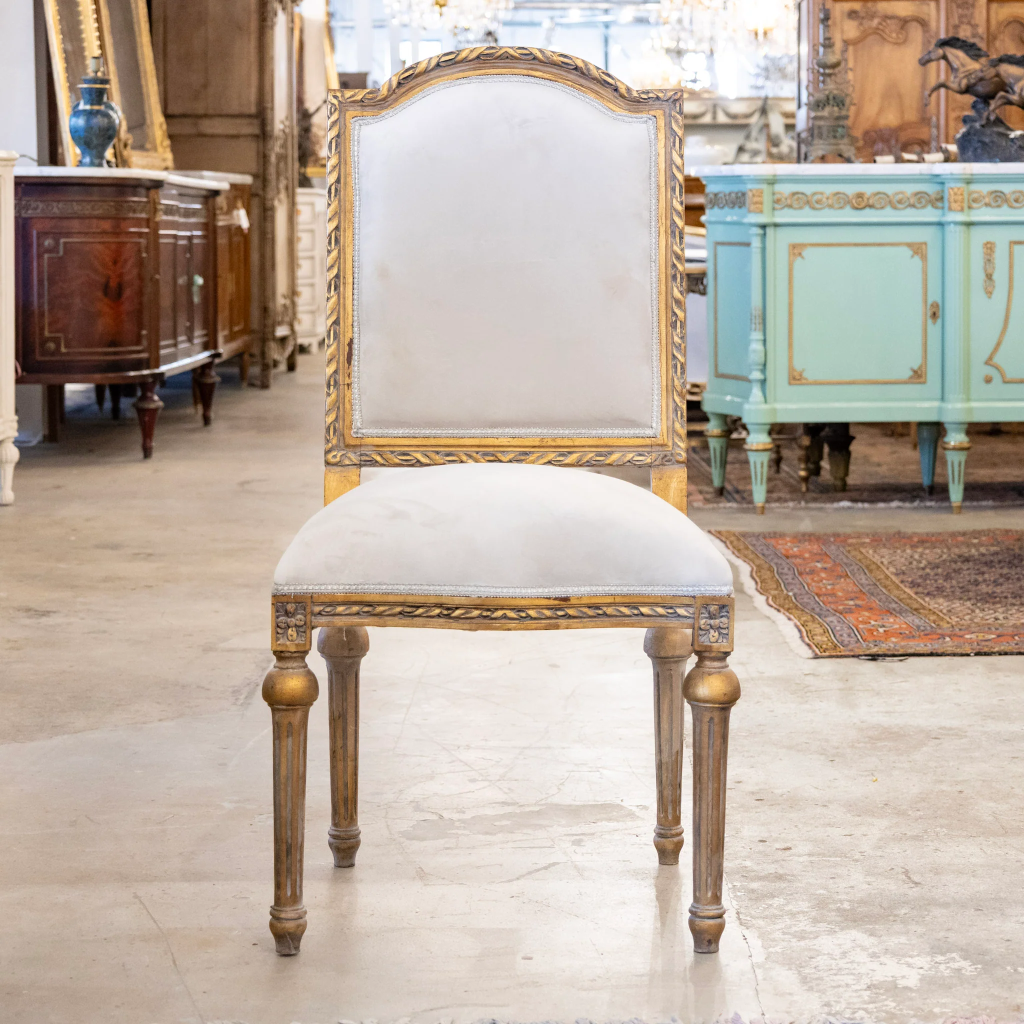 Louis XVI Gilded Square Dining Chair –  Rope Trim & Grey Velvet Upholstery