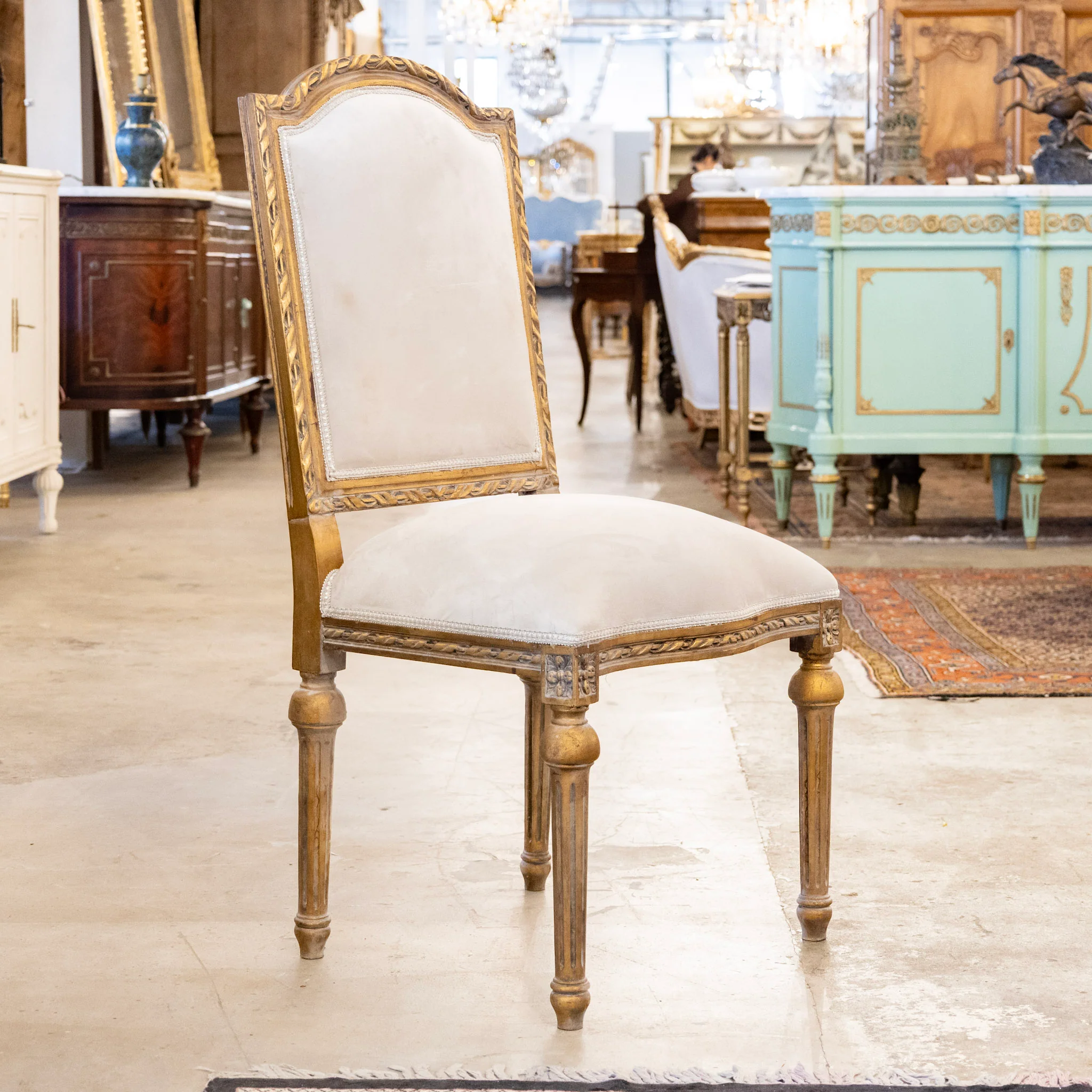 Louis XVI Gilded Square Dining Chair –  Rope Trim & Grey Velvet Upholstery - Image 2