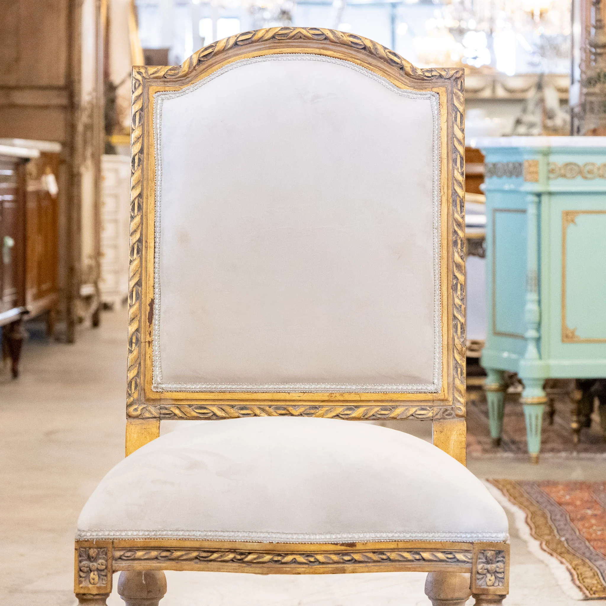 Louis XVI Gilded Square Dining Chair –  Rope Trim & Grey Velvet Upholstery - Image 3