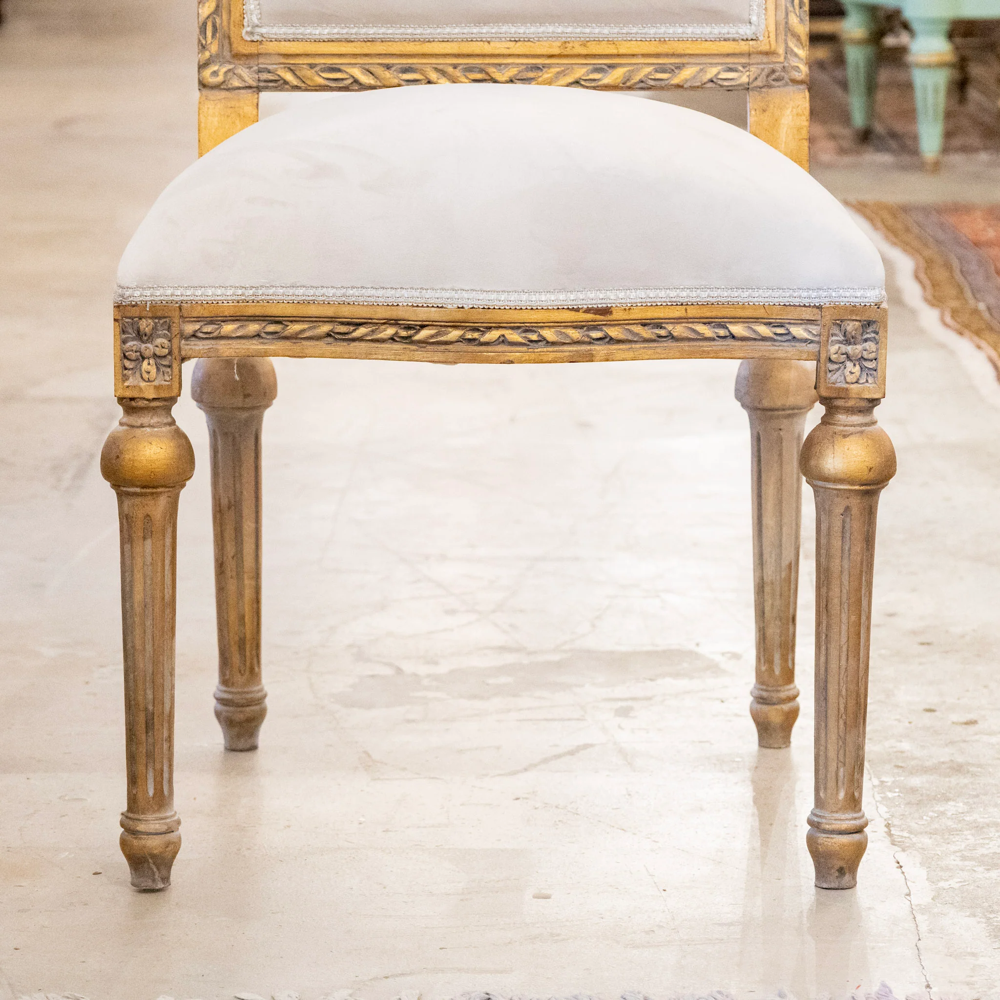 Louis XVI Gilded Square Dining Chair –  Rope Trim & Grey Velvet Upholstery - Image 4