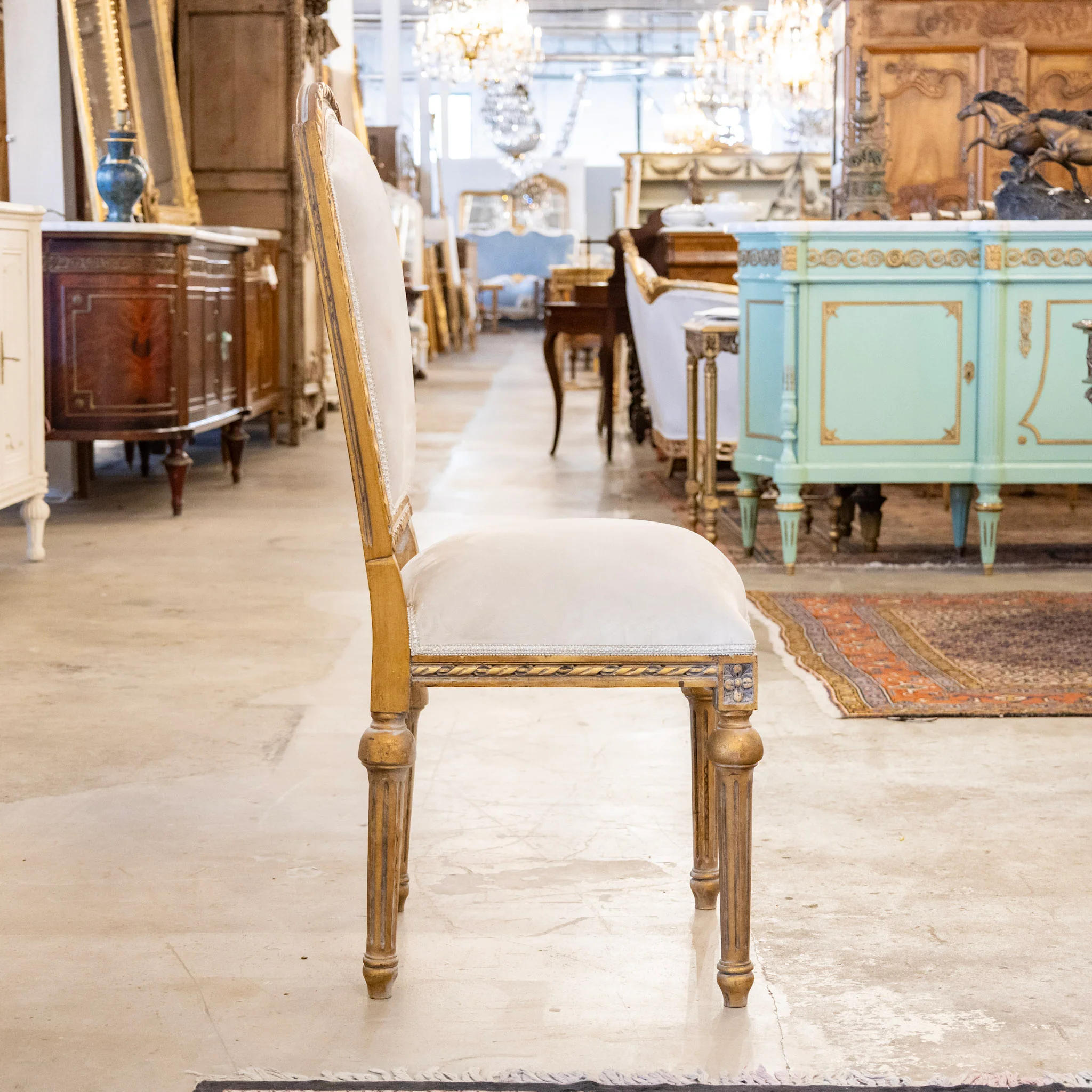 Louis XVI Gilded Square Dining Chair –  Rope Trim & Grey Velvet Upholstery - Image 5