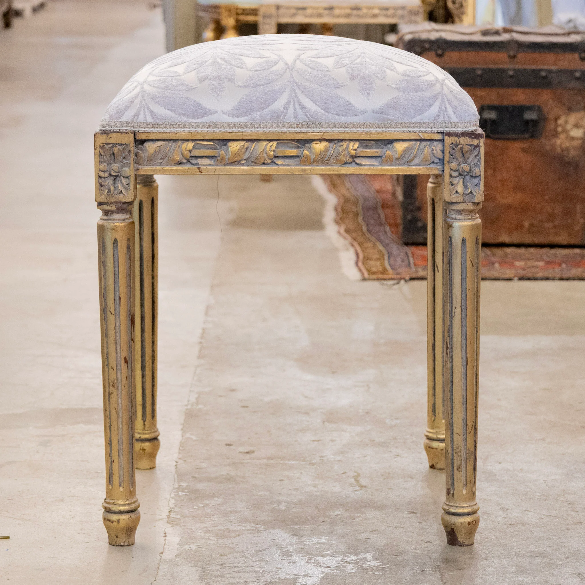 Louis XVI Gilded Square Stool – Gray Leaf Velvet Upholstery
