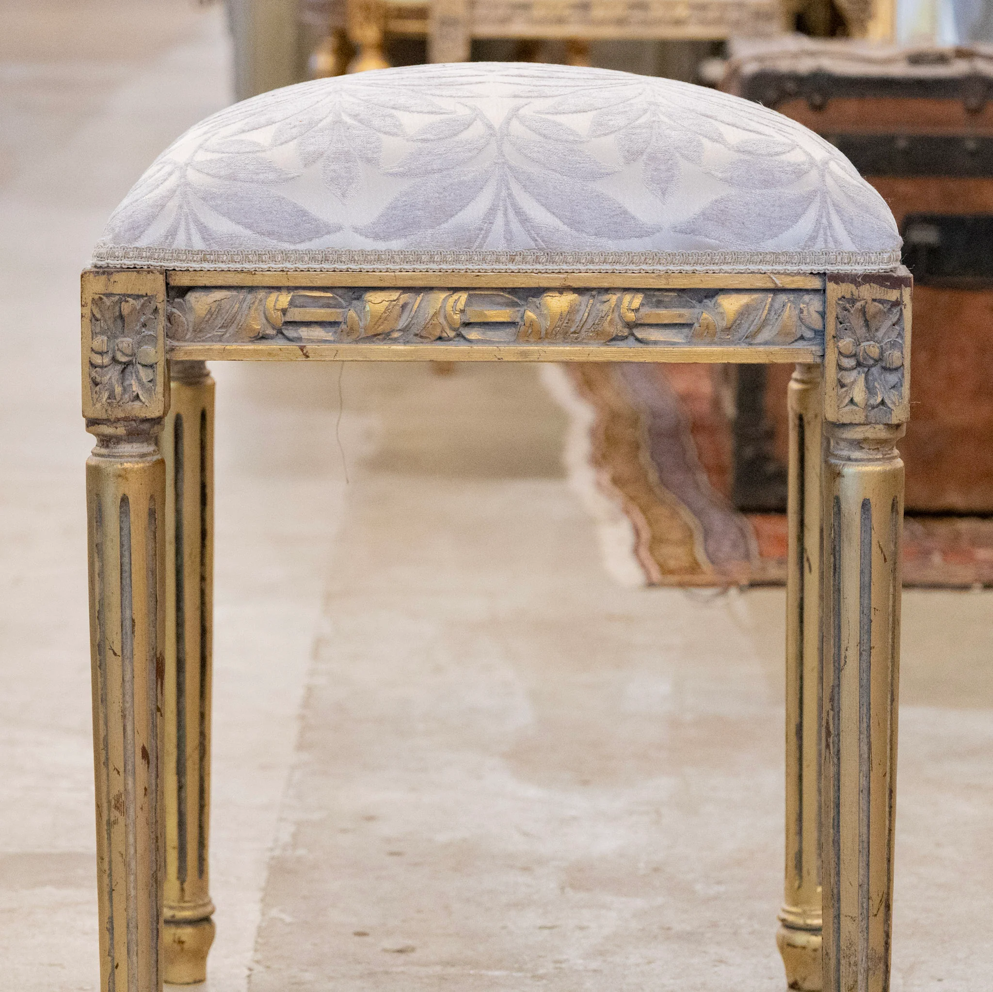 Louis XVI Gilded Square Stool – Gray Leaf Velvet Upholstery - Image 2