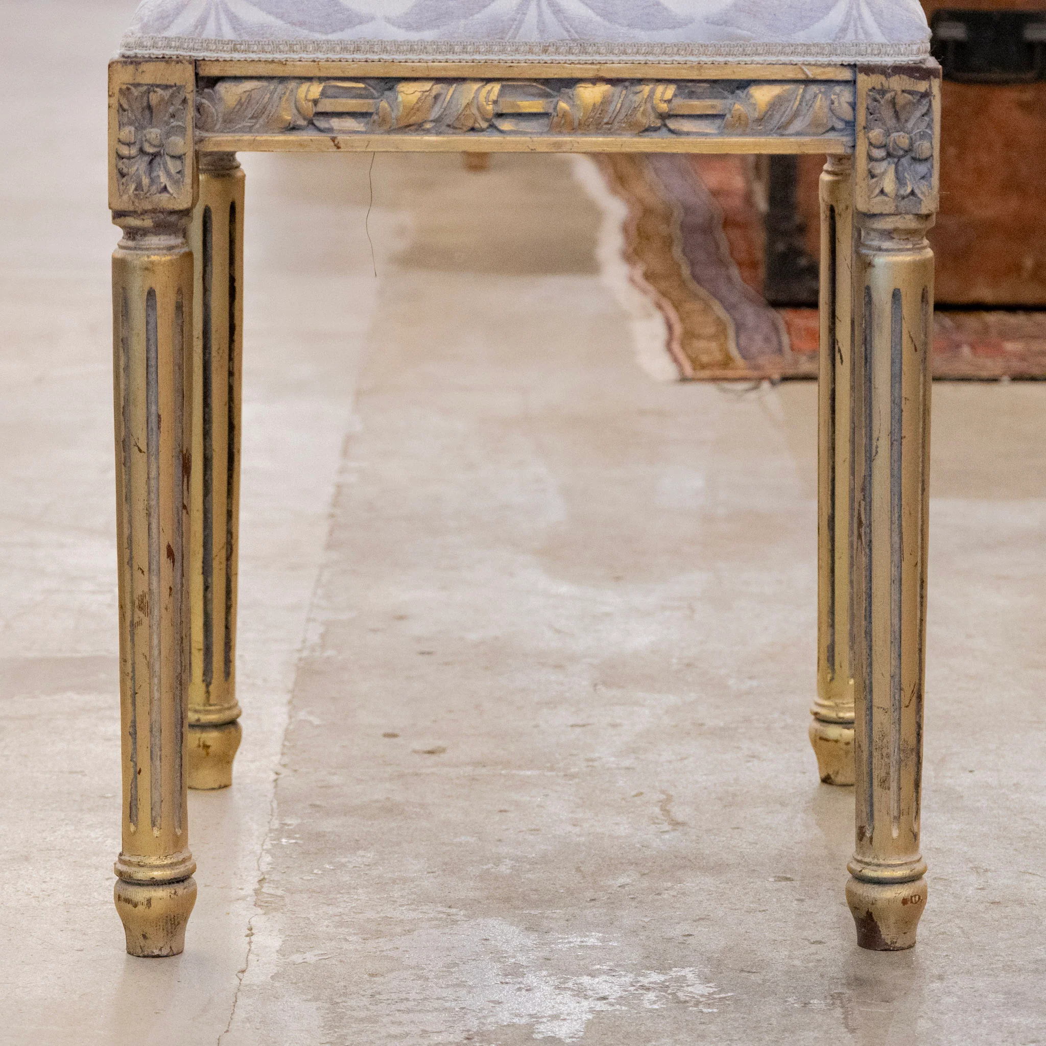 Louis XVI Gilded Square Stool – Gray Leaf Velvet Upholstery - Image 3