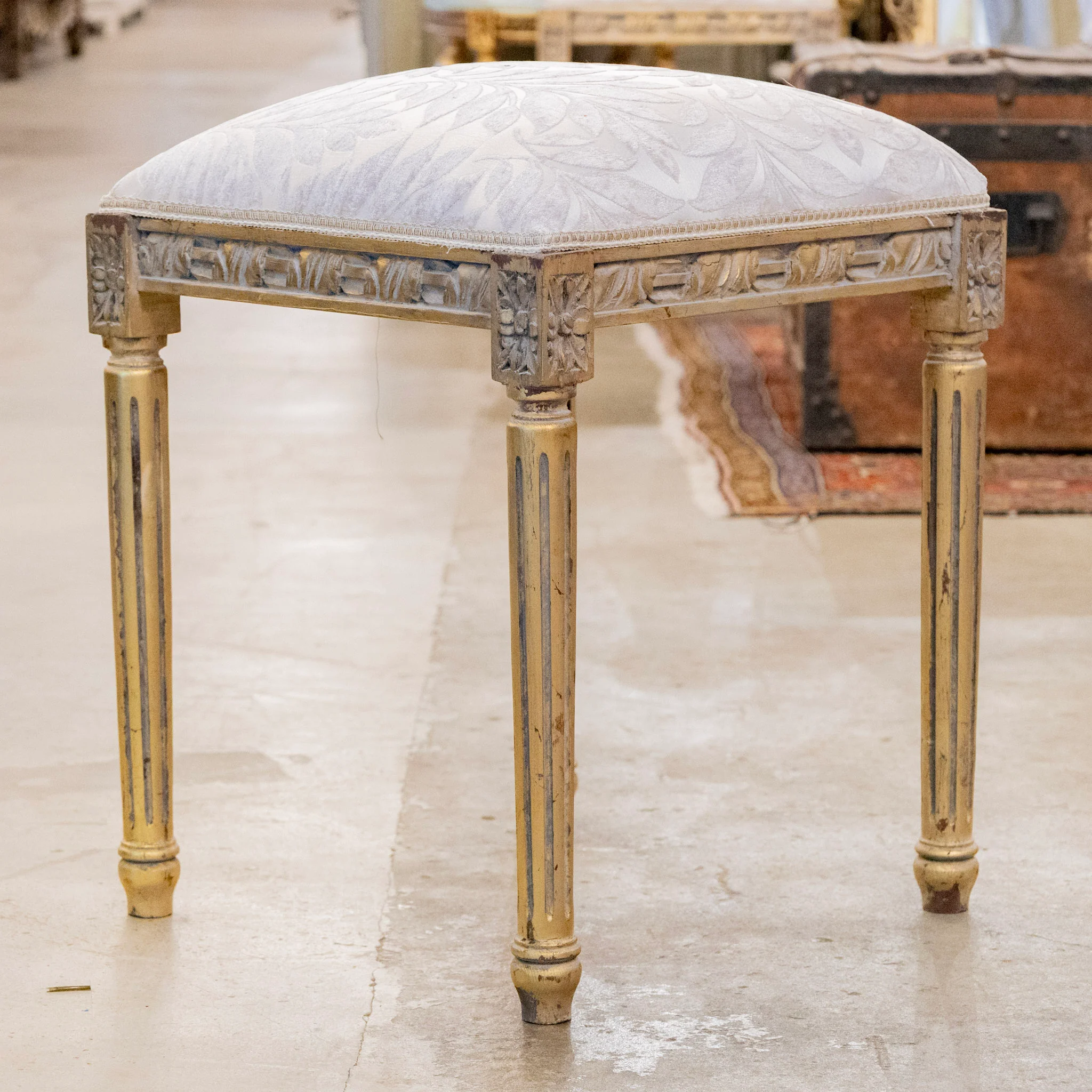 Louis XVI Gilded Square Stool – Gray Leaf Velvet Upholstery - Image 4
