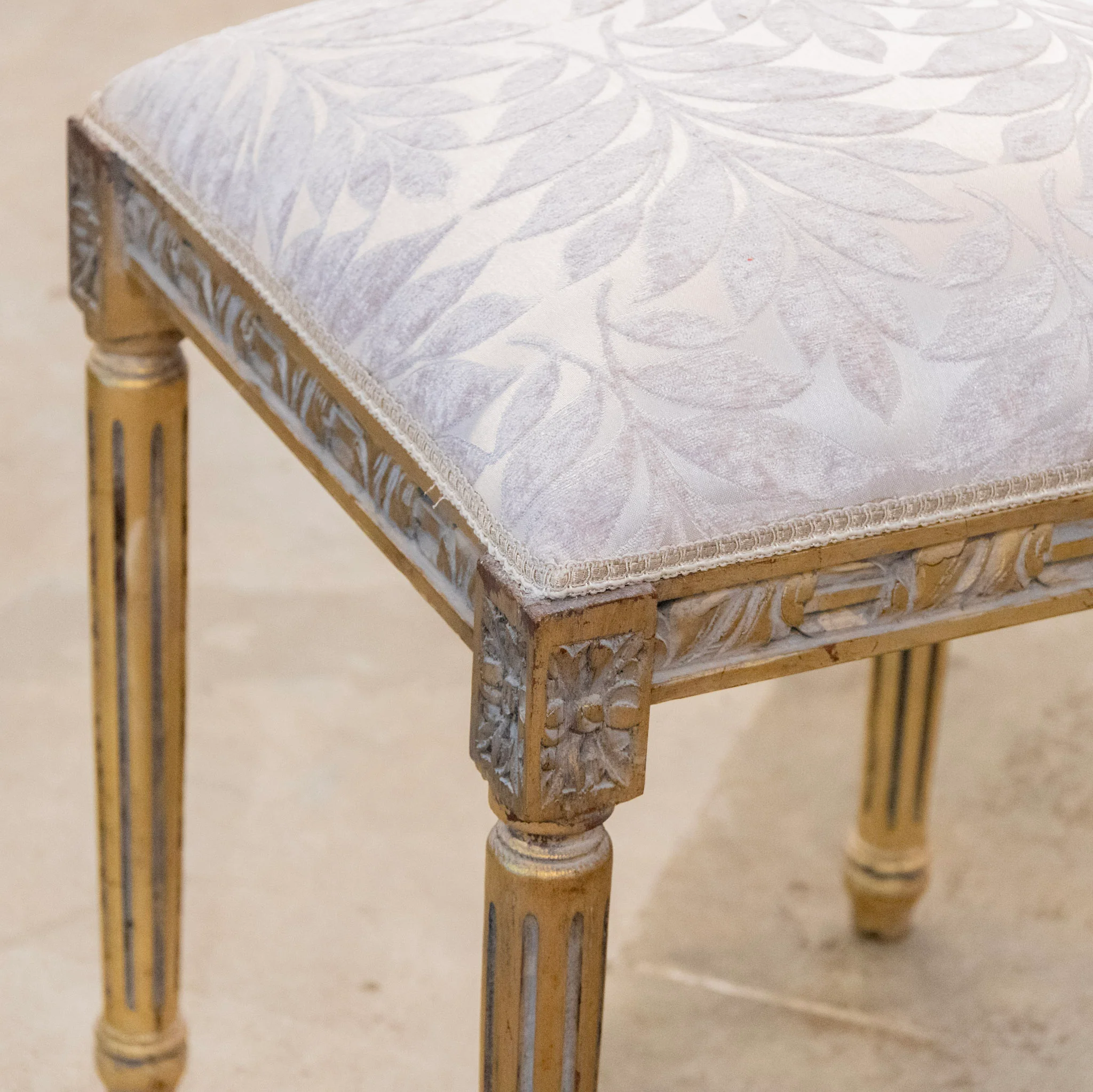 Louis XVI Gilded Square Stool – Gray Leaf Velvet Upholstery - Image 5