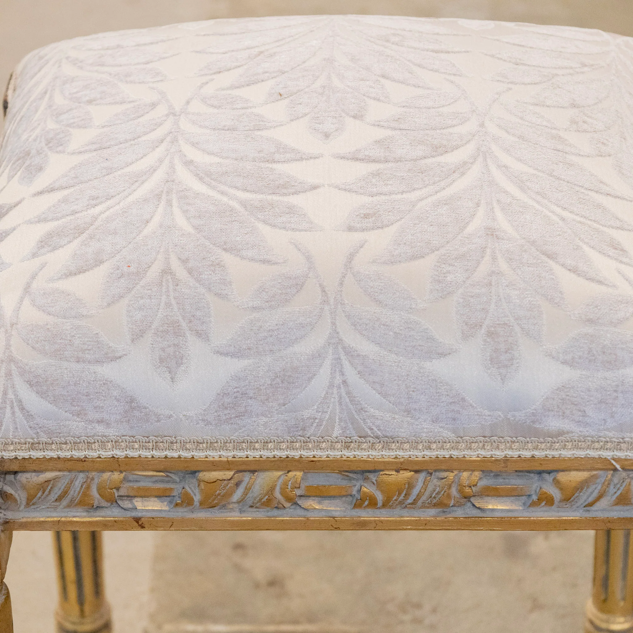 Louis XVI Gilded Square Stool – Gray Leaf Velvet Upholstery - Image 6