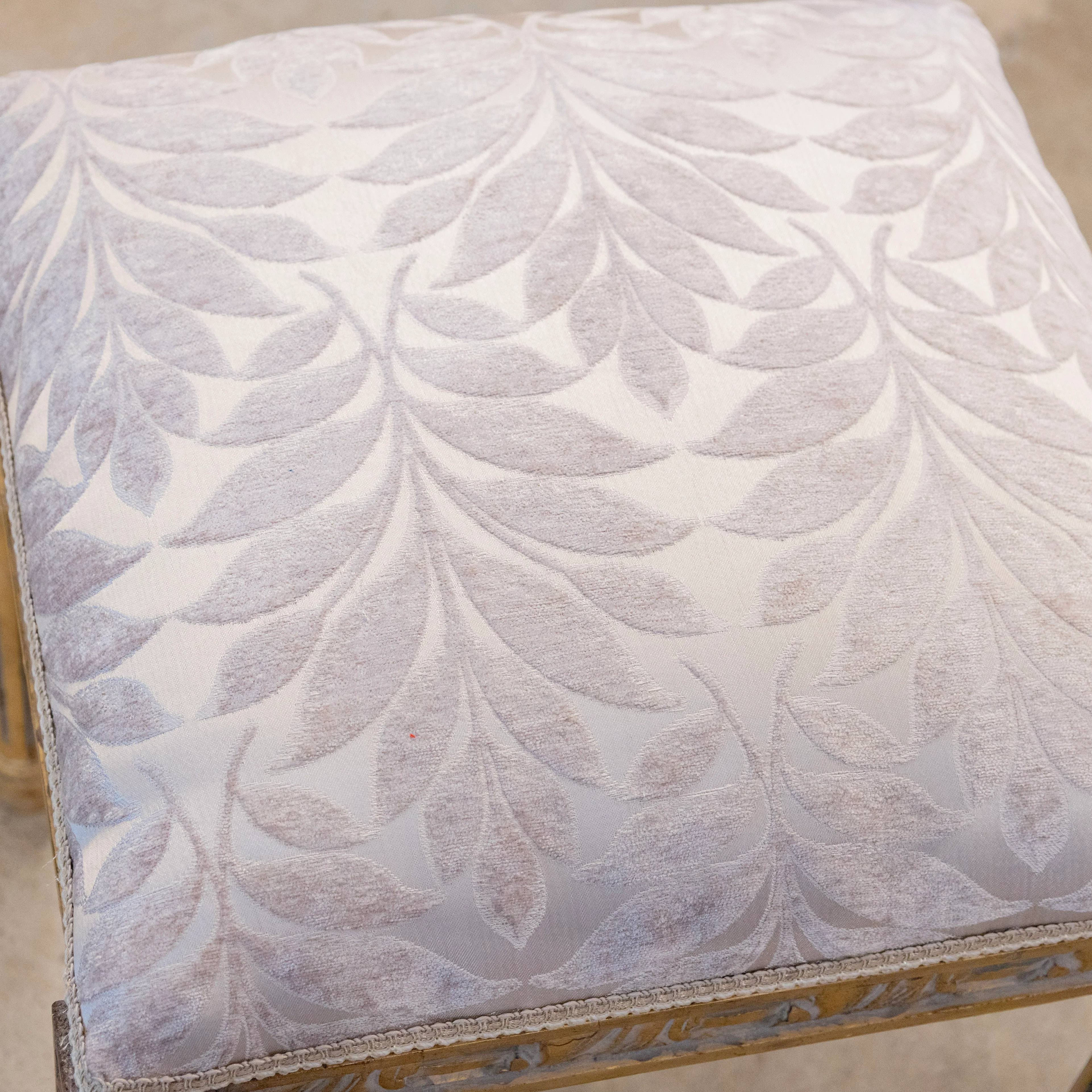 Louis XVI Gilded Square Stool – Gray Leaf Velvet Upholstery - Image 7