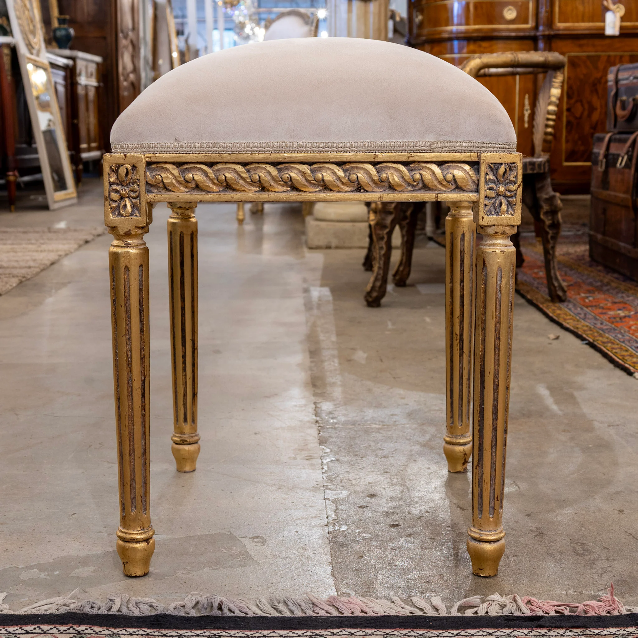 Louis XVI Gilded Square Stool – Light Beige Velvet Upholstery