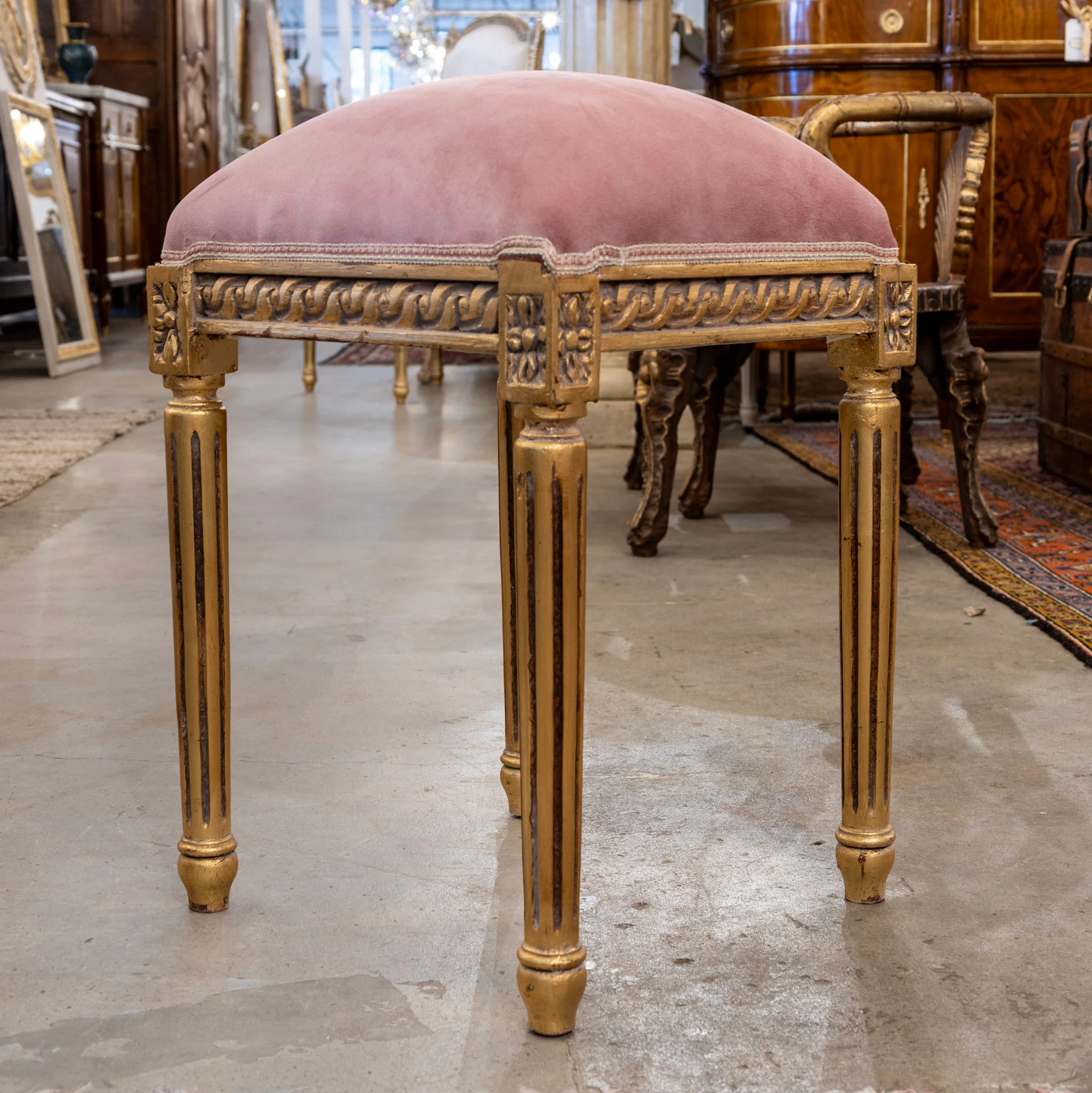 Louis XVI Gilded Square Stool – Pink Velvet Upholstery - Image 2