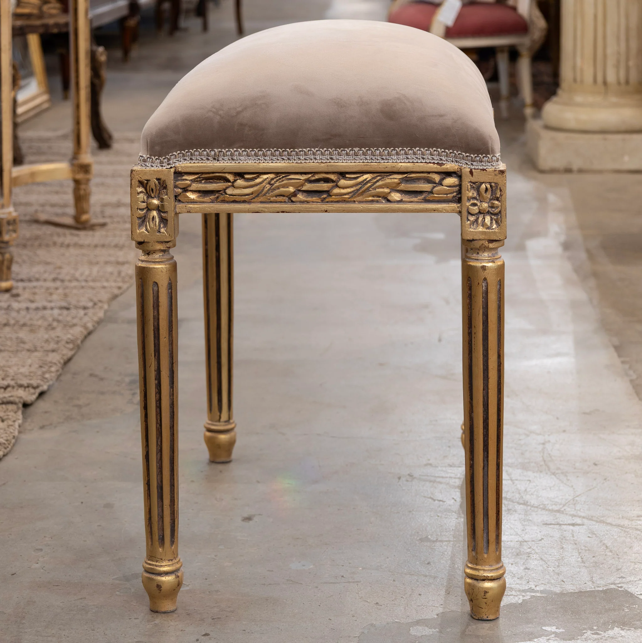 Louis XVI Gilded Stool – Carved with Taupe Velvet Upholstery - Image 2