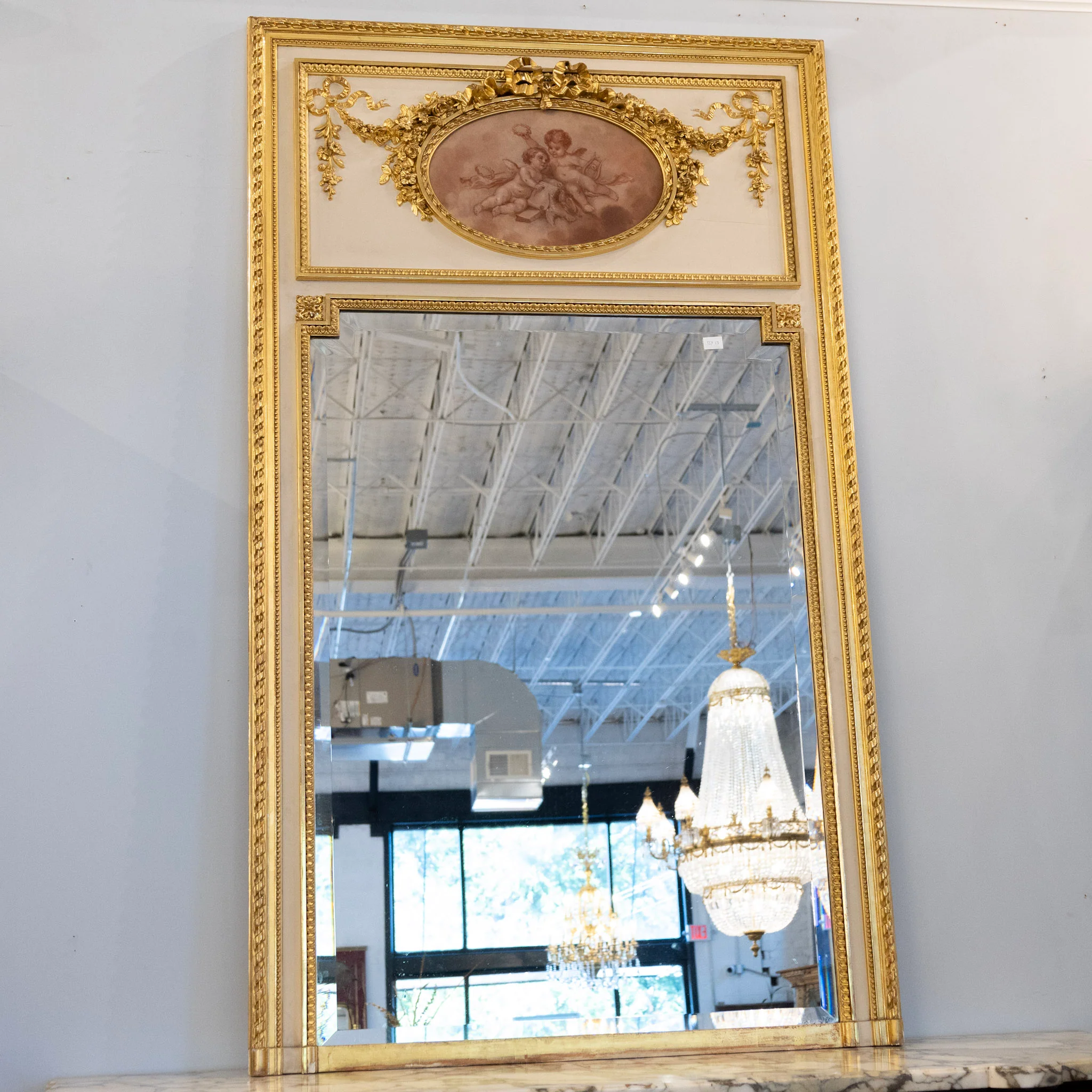 Louis XVI Gilded Trumeau Mirror – Cherub Painting & Bow Carvings