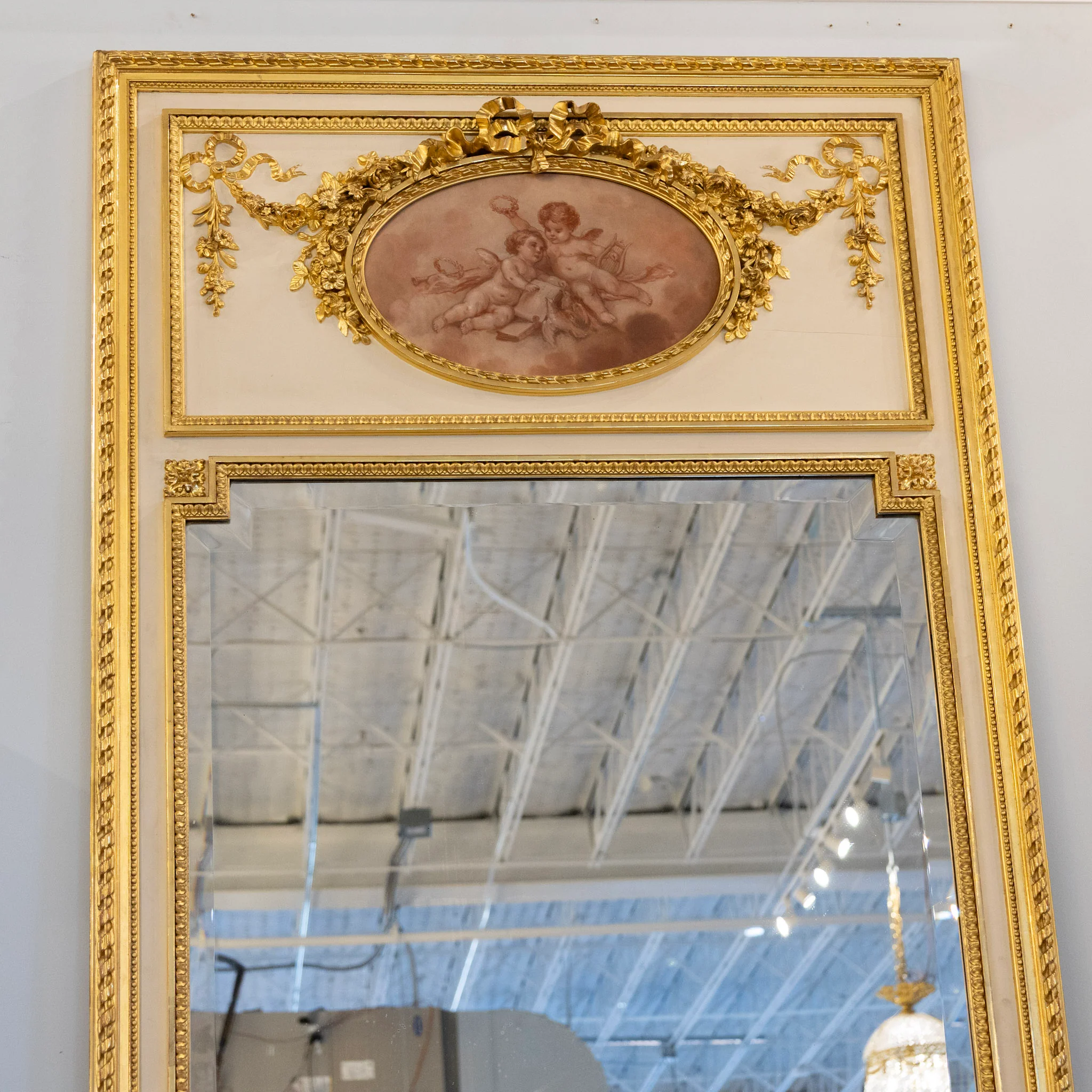 Louis XVI Gilded Trumeau Mirror – Cherub Painting & Bow Carvings - Image 2