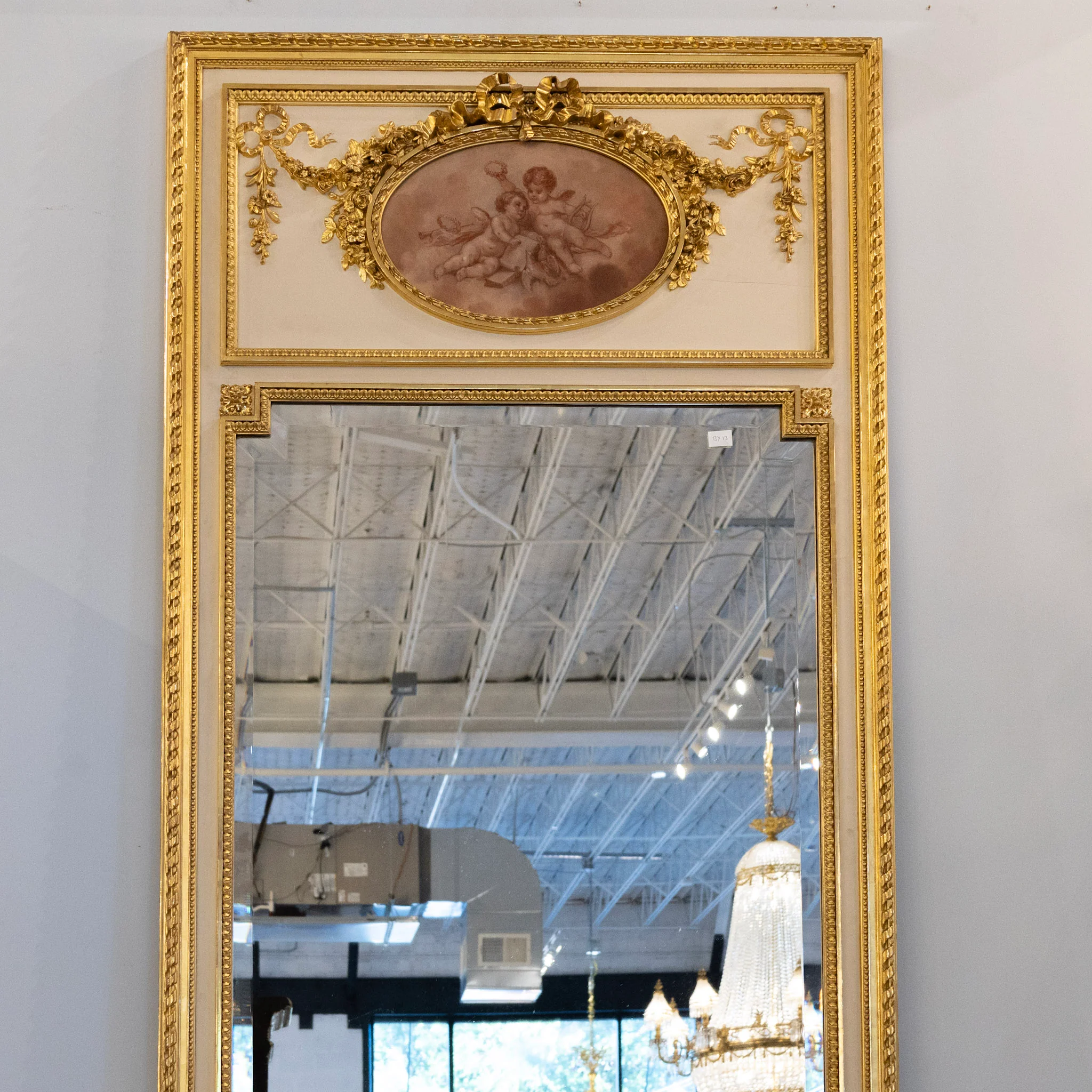 Louis XVI Gilded Trumeau Mirror – Cherub Painting & Bow Carvings - Image 3