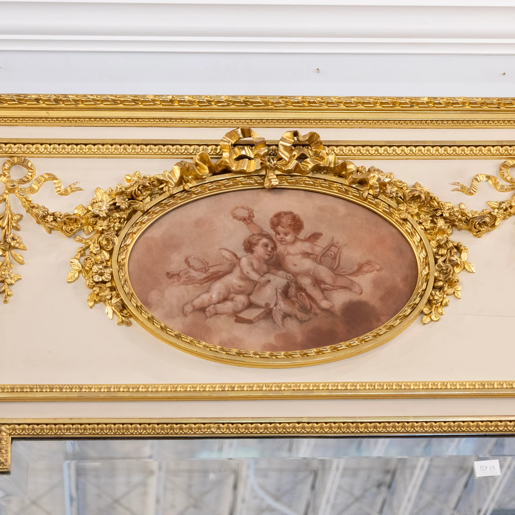 Louis XVI Gilded Trumeau Mirror – Cherub Painting & Bow Carvings - Image 4