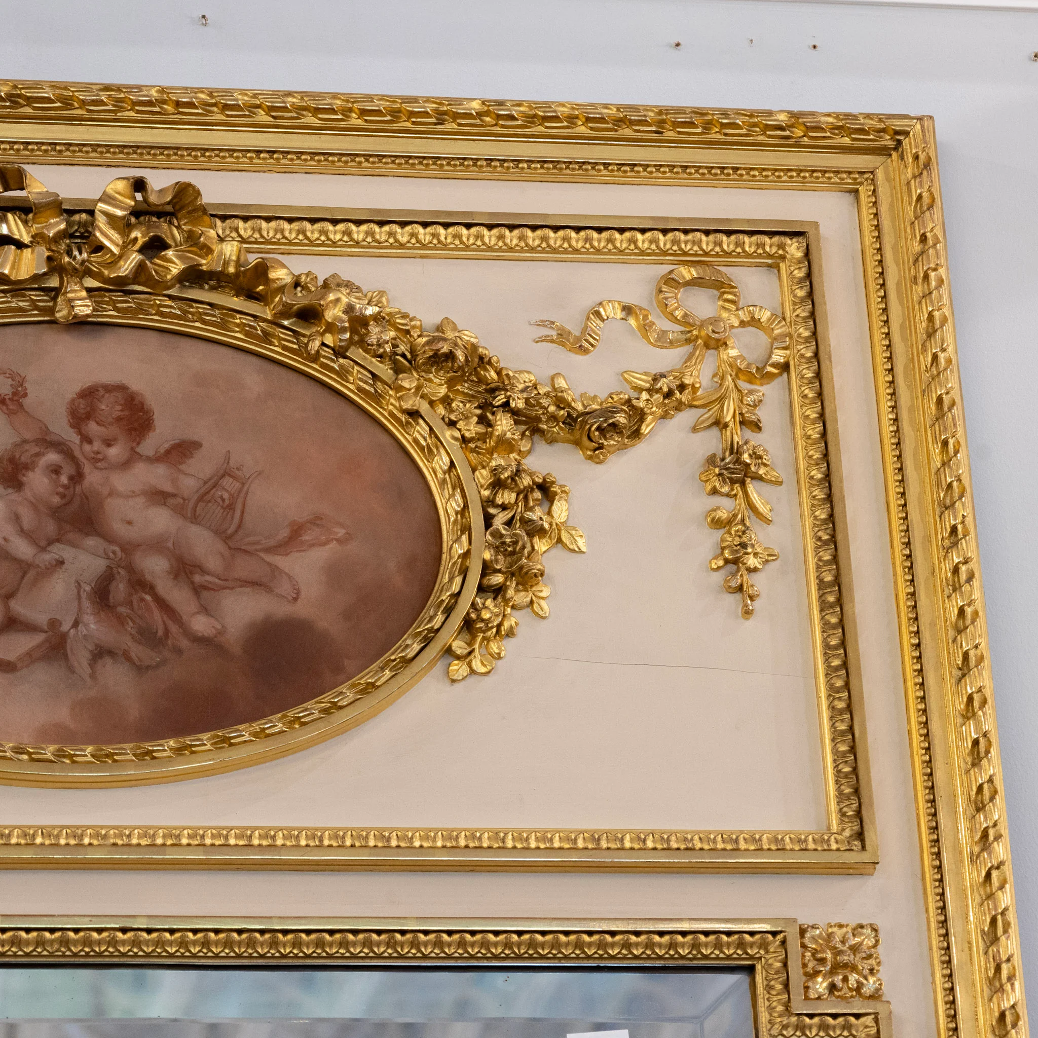Louis XVI Gilded Trumeau Mirror – Cherub Painting & Bow Carvings - Image 5