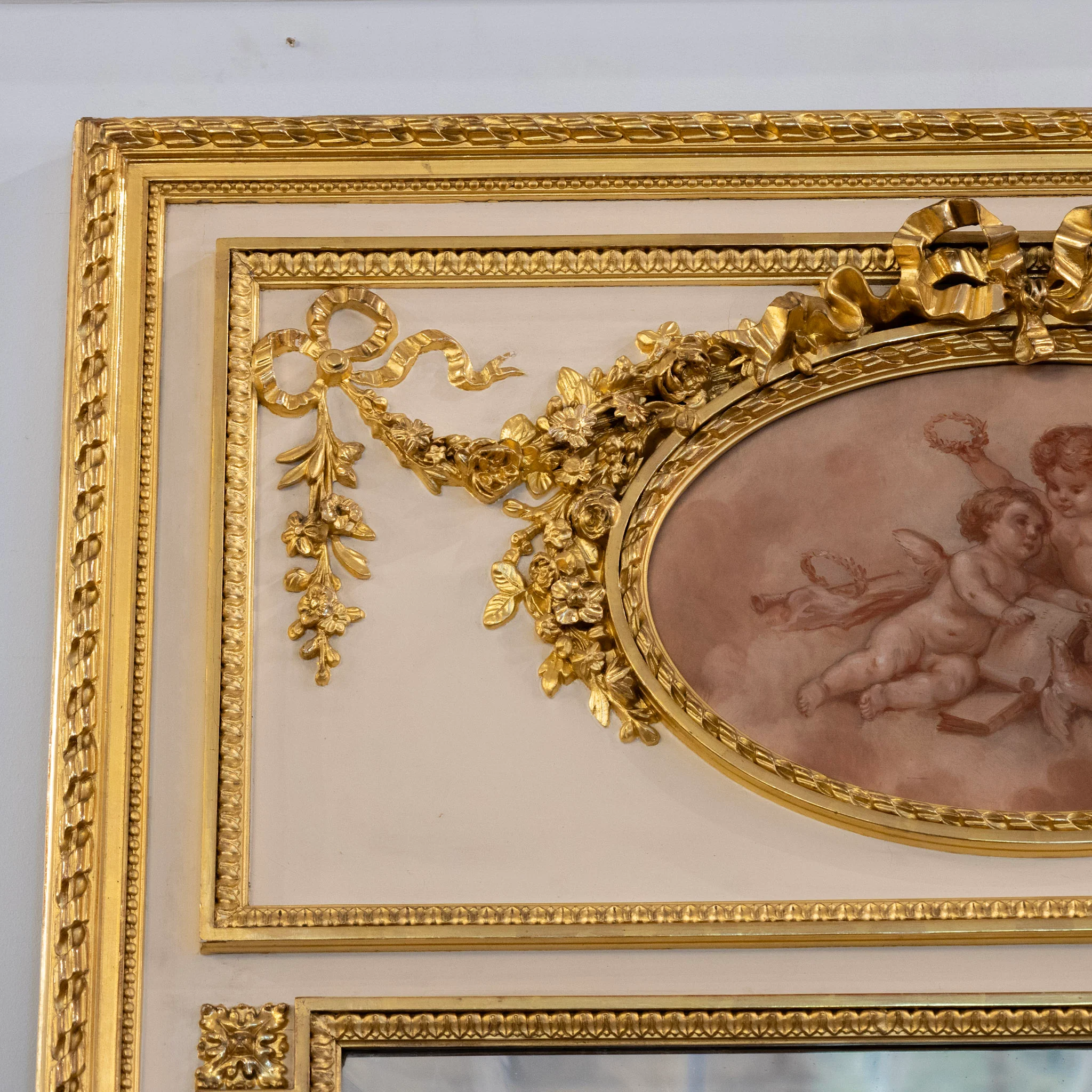 Louis XVI Gilded Trumeau Mirror – Cherub Painting & Bow Carvings - Image 6